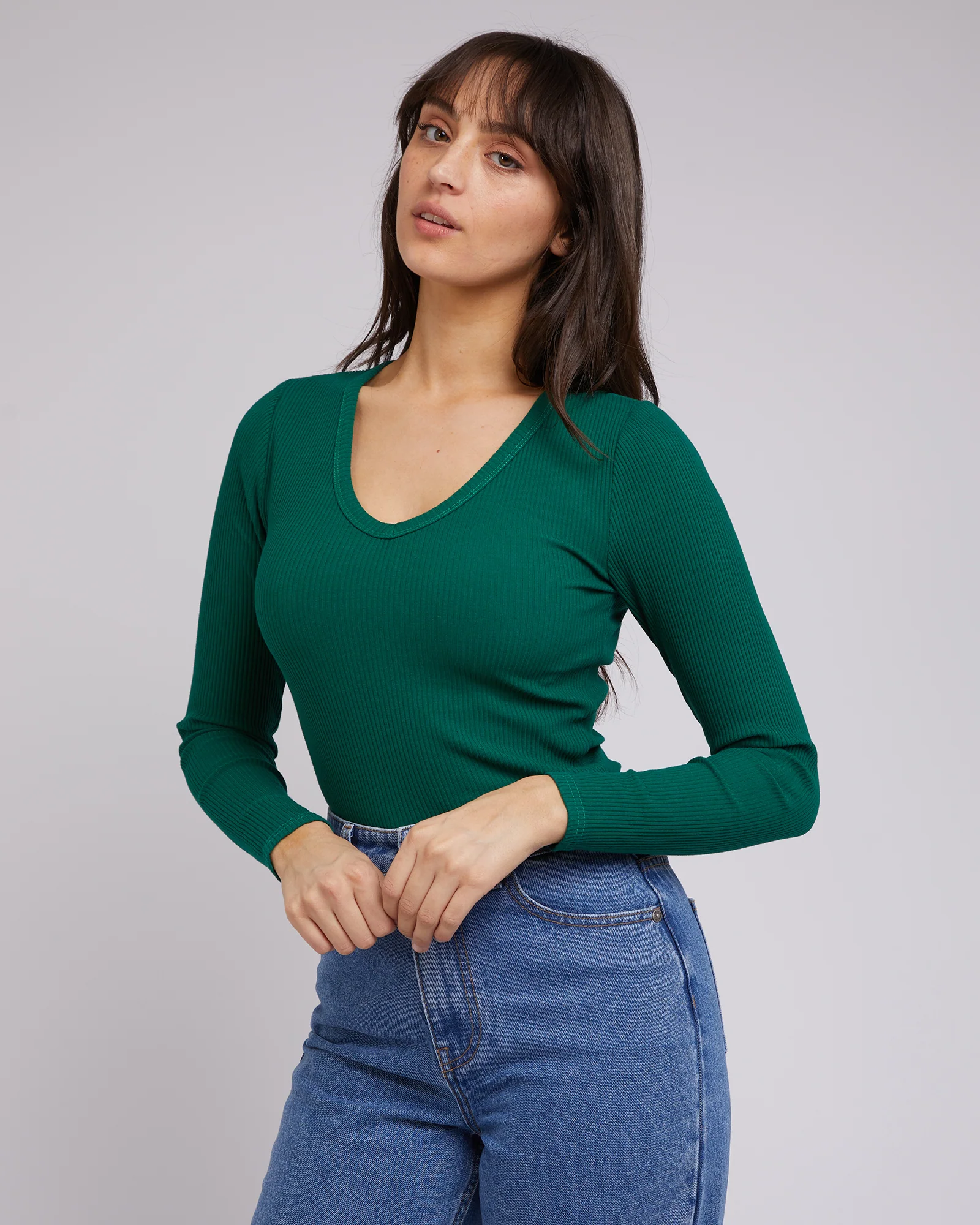All About Eve Rib V Neck L/S Top Emerald - Image 2
