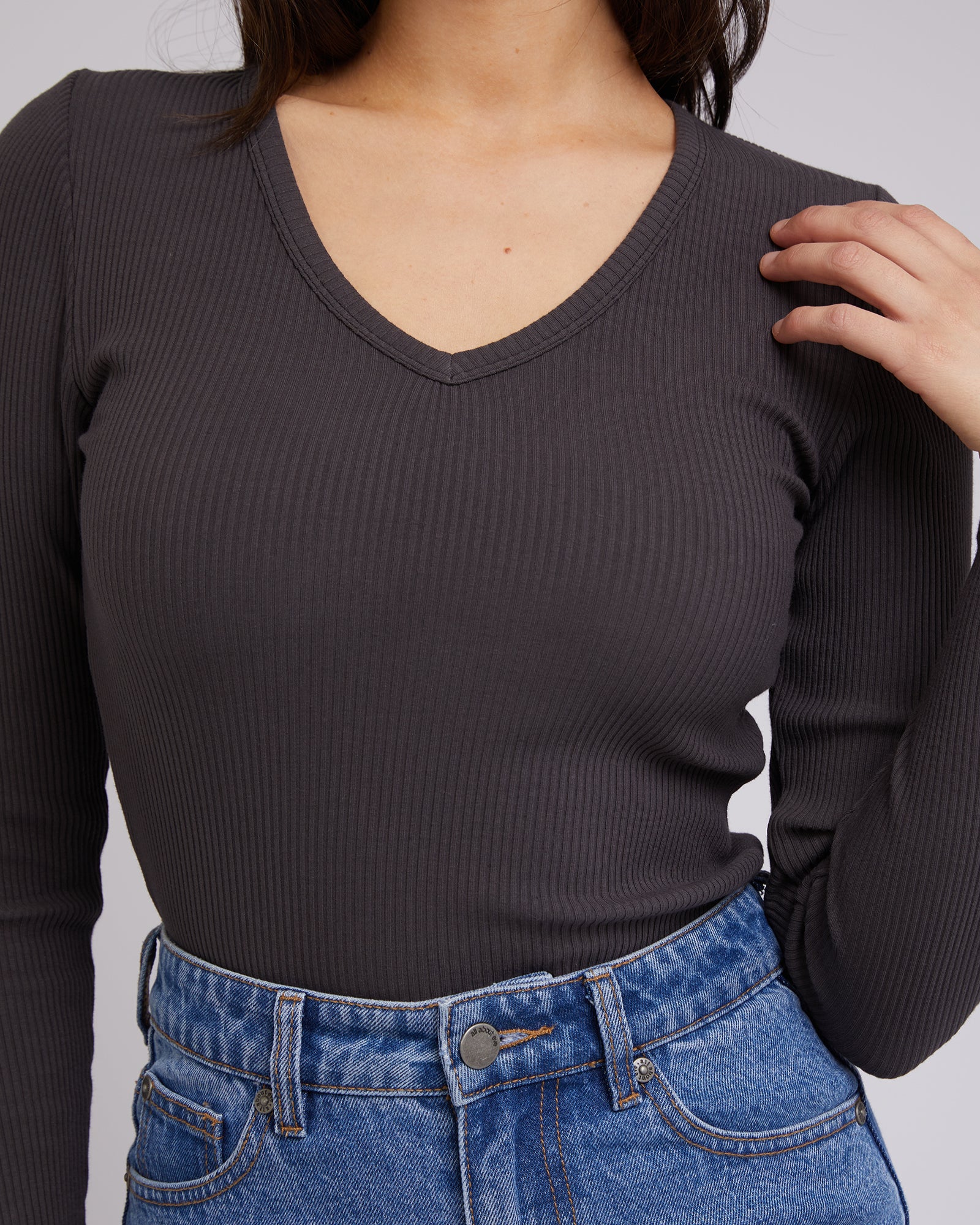 All About Eve Rib V Neck L/S Top Washed Black - Image 2