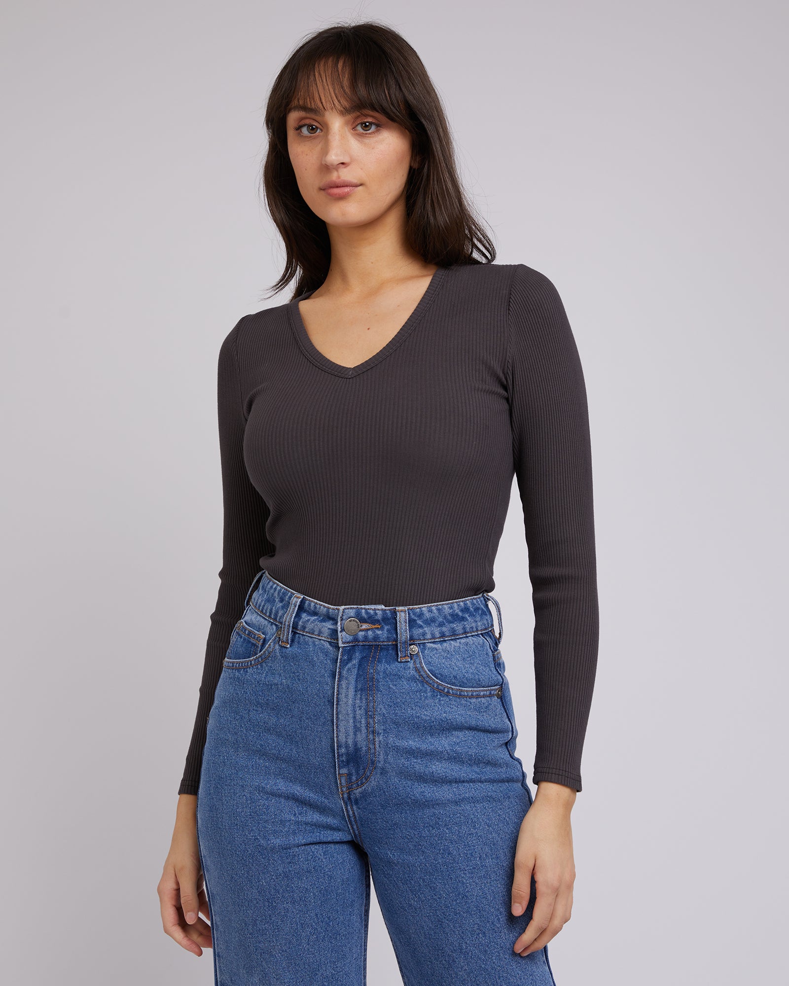 All About Eve Rib V Neck L/S Top Washed Black - Image 3