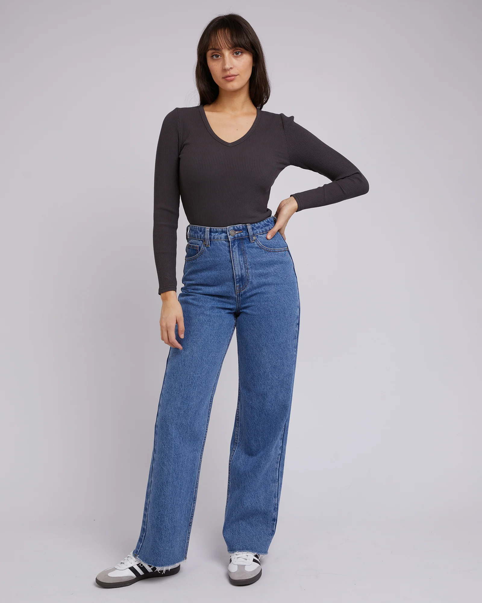 All About Eve Rib V Neck L/S Top Washed Black - Image 5