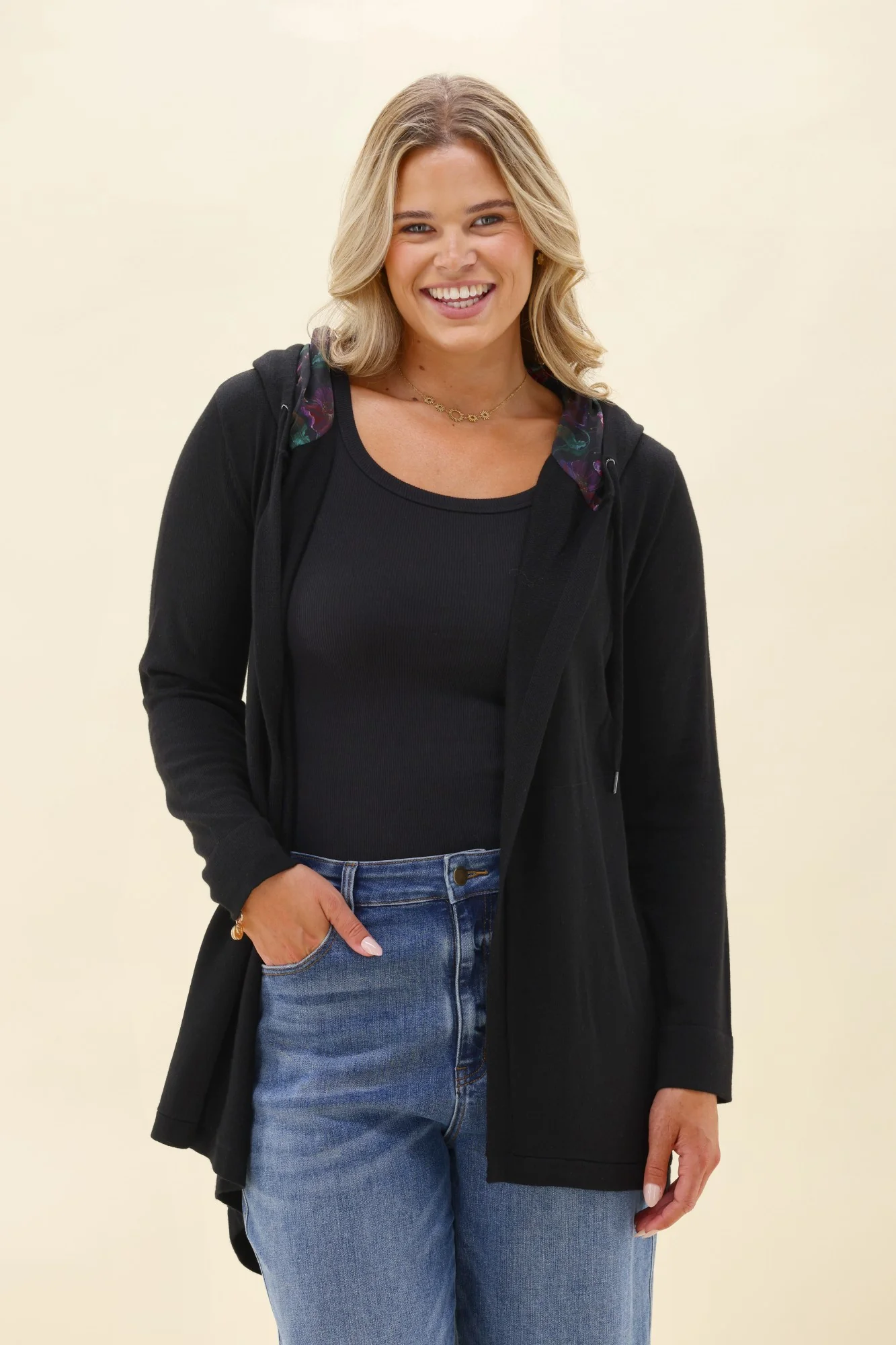 Alpine by Shine On Big Dreams Cardigan Black With Floral Hood - Image 2
