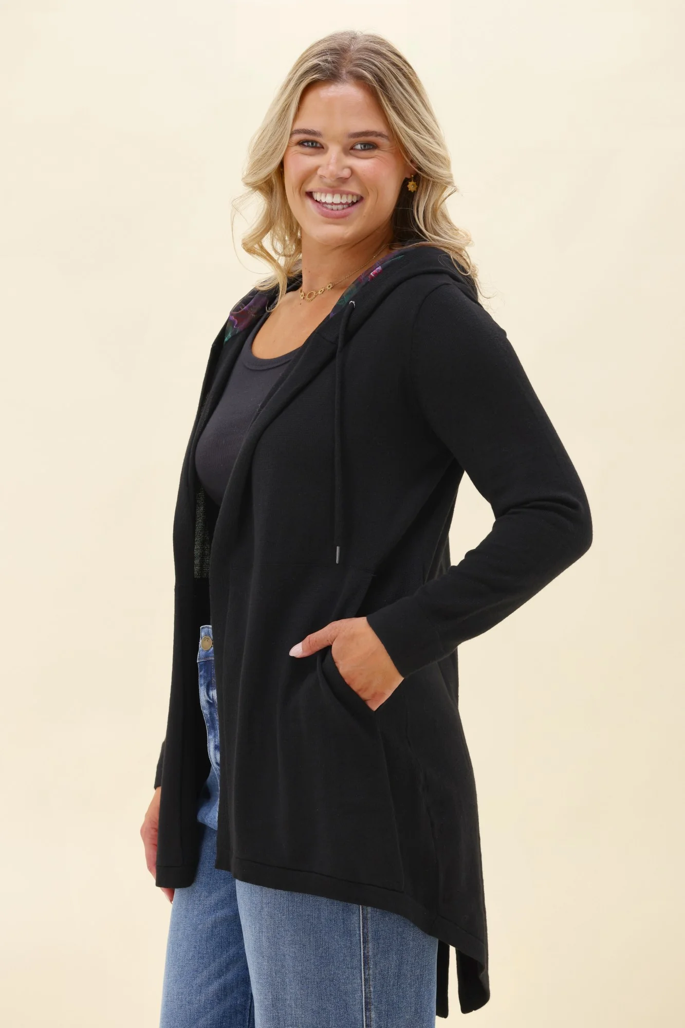 Alpine by Shine On Big Dreams Cardigan Black With Floral Hood - Image 5
