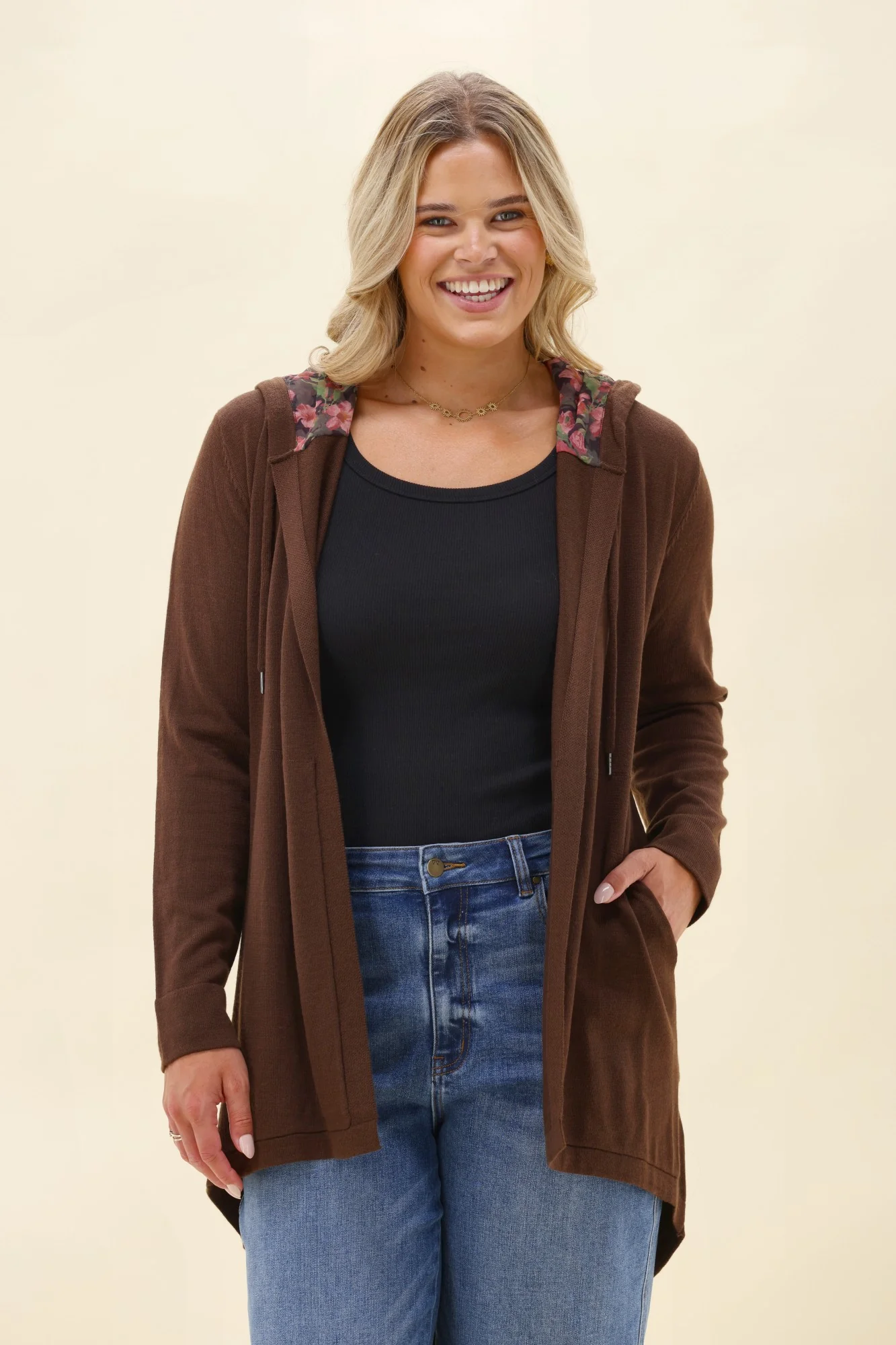 Alpine by Shine On Big Dreams Cardigan Chocolate With Floral Hood