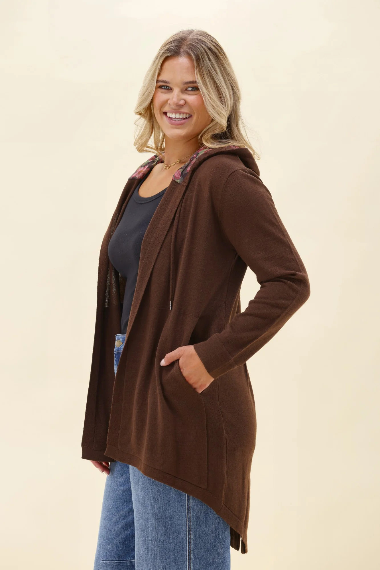 Alpine by Shine On Big Dreams Cardigan Chocolate With Floral Hood - Image 2