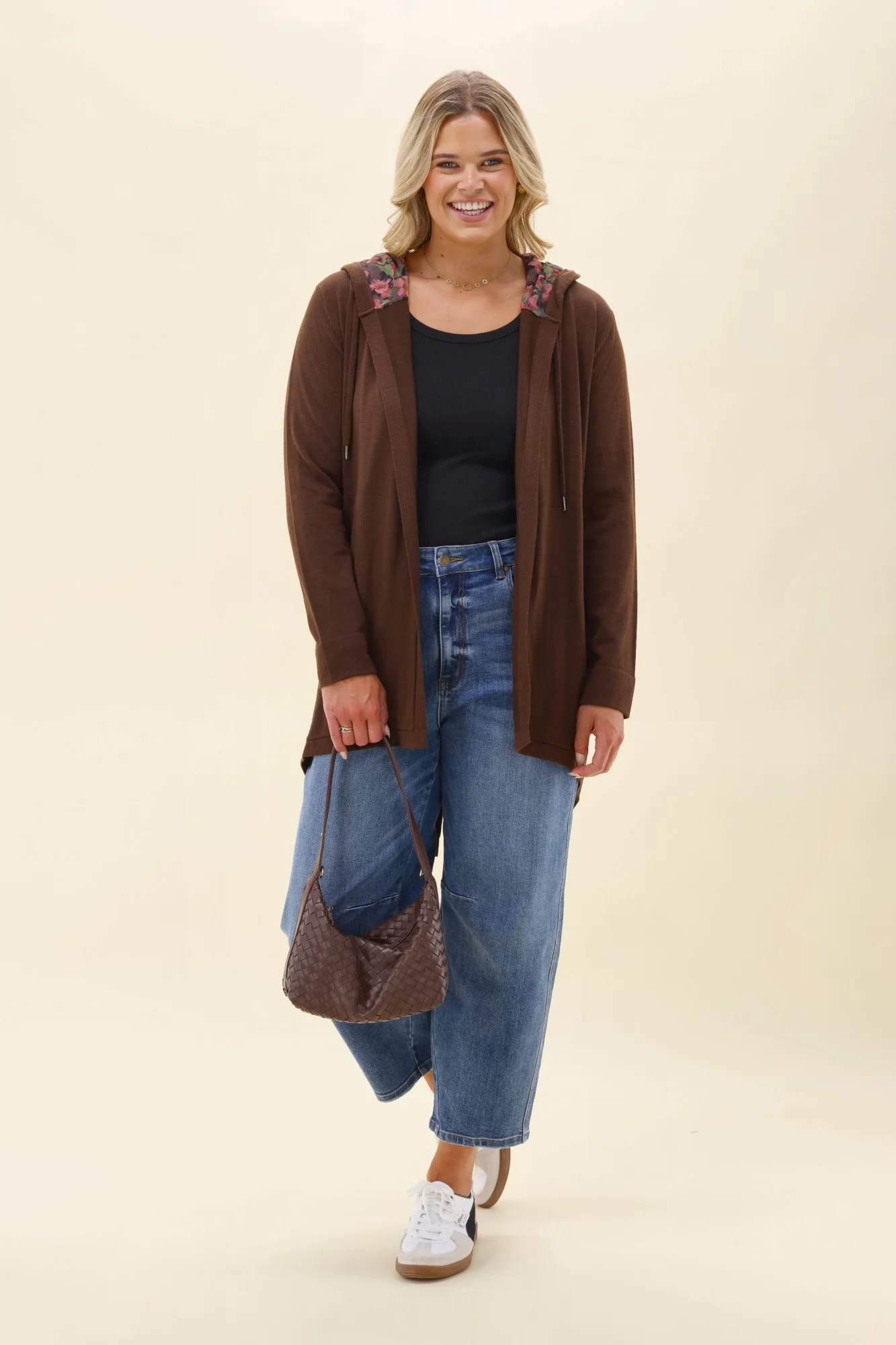 Alpine by Shine On Big Dreams Cardigan Chocolate With Floral Hood - Image 3