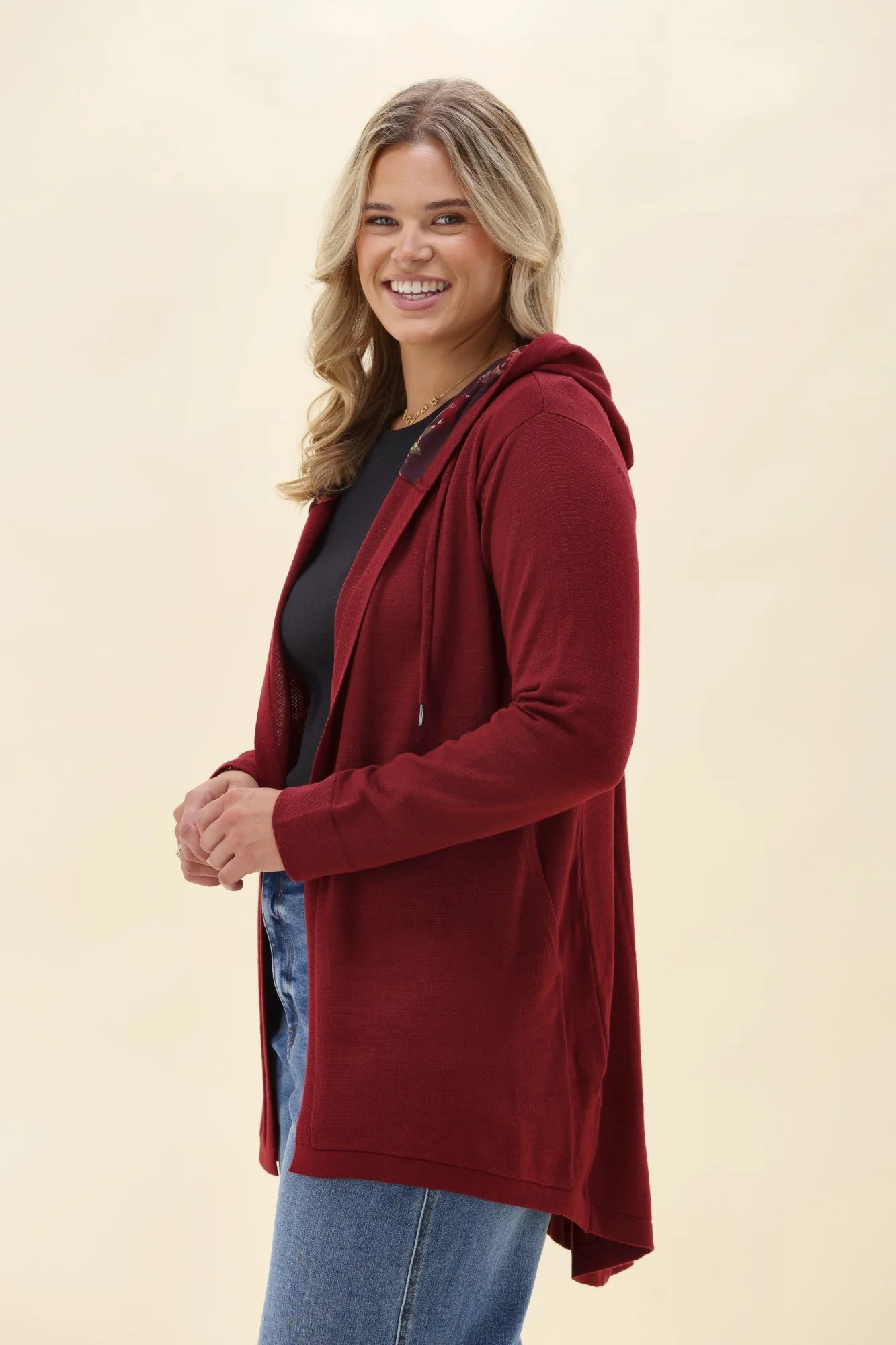 Alpine by Shine On Big Dreams Cardigan Claret With Floral Hood - Image 5