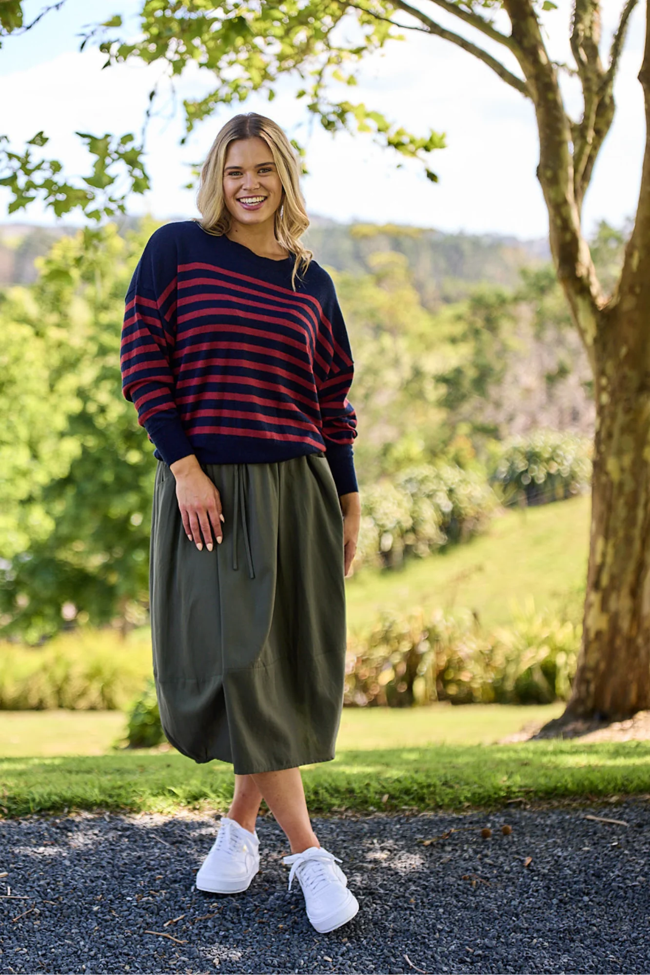 Alpine by Shine On Georgia Striped Merino Batwing Top Navy & Berry - Image 2