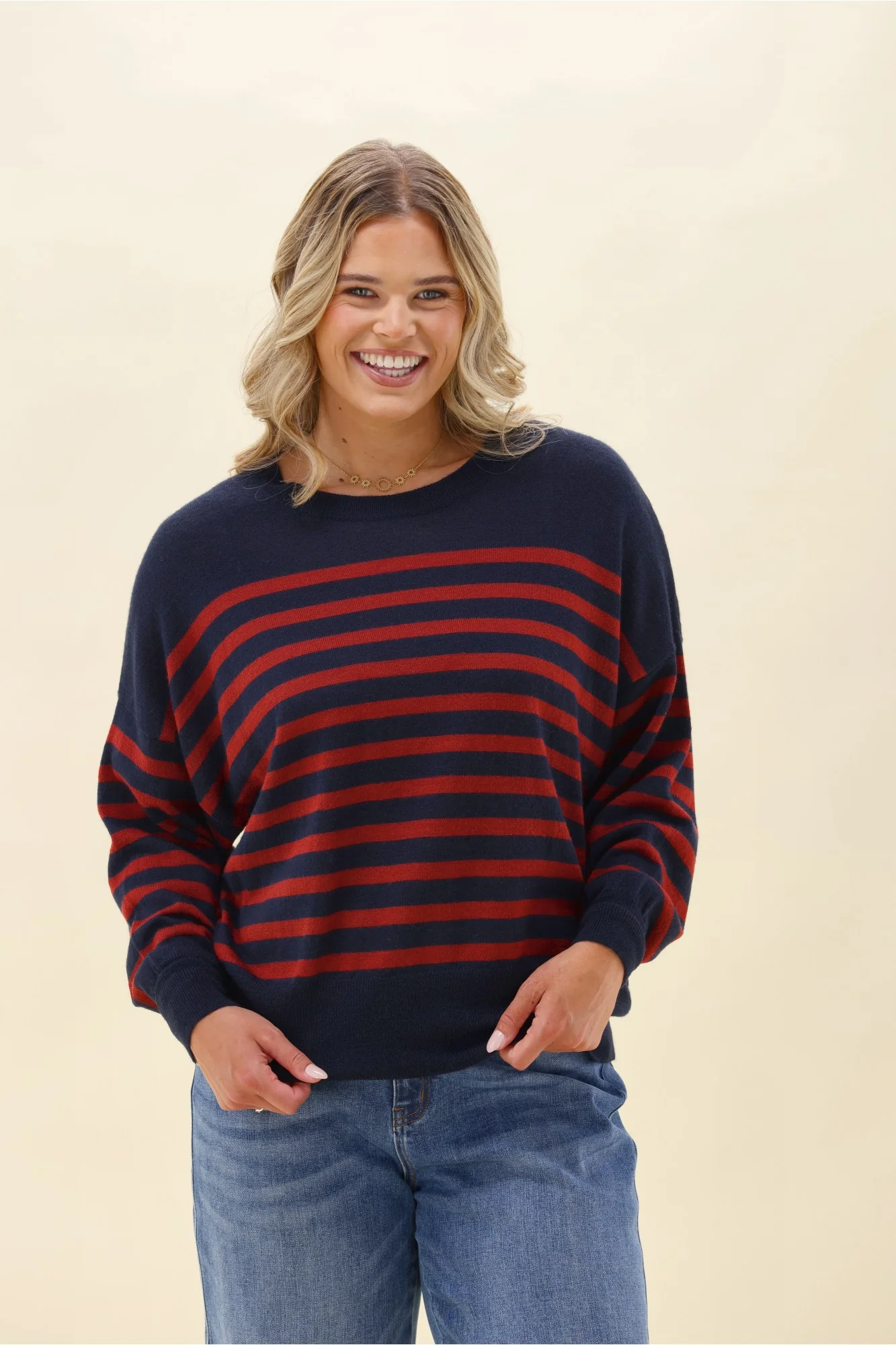 Alpine by Shine On Georgia Striped Merino Batwing Top Navy & Berry - Image 3
