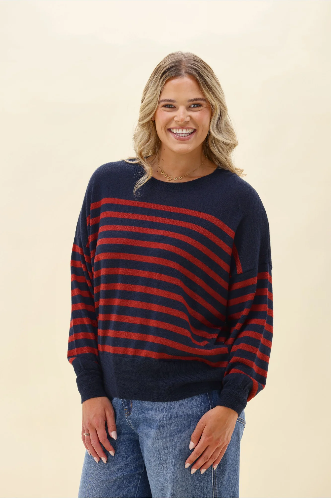 Alpine by Shine On Georgia Striped Merino Batwing Top Navy & Berry - Image 5