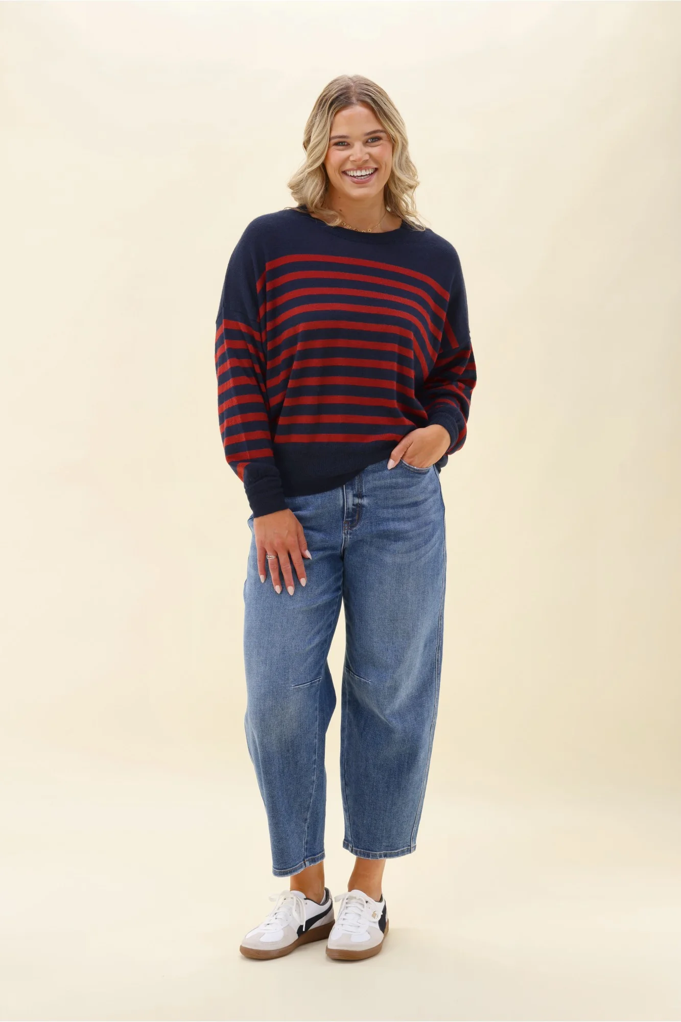 Alpine by Shine On Georgia Striped Merino Batwing Top Navy & Berry - Image 6
