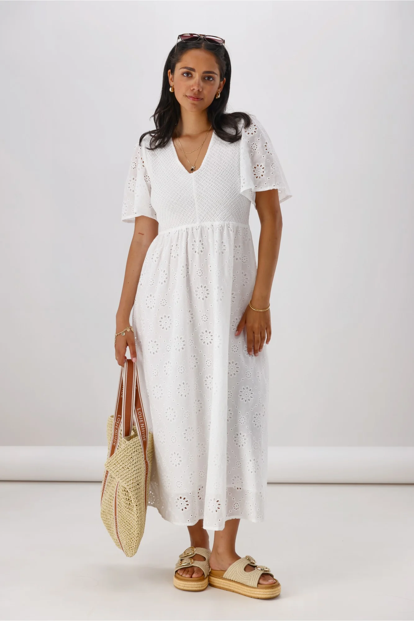 Ayva Clarica Embroidery Anglaise Midi Dress White