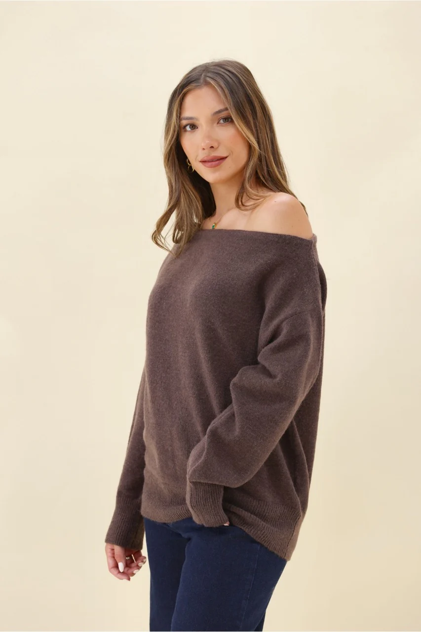 Ayva Marrelle Off The Shoulder Cosy Knit Jumper Chocolate - Image 2