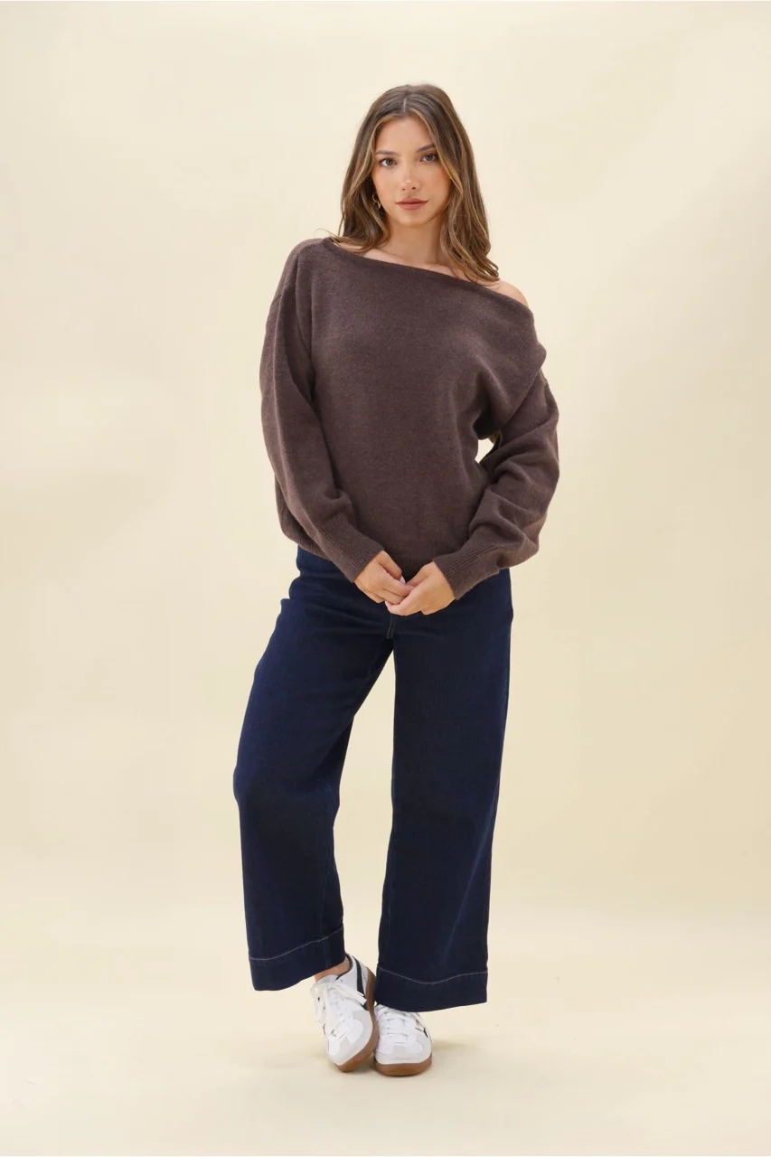 Ayva Marrelle Off The Shoulder Cosy Knit Jumper Chocolate - Image 3
