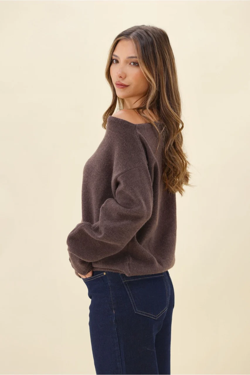 Ayva Marrelle Off The Shoulder Cosy Knit Jumper Chocolate - Image 5