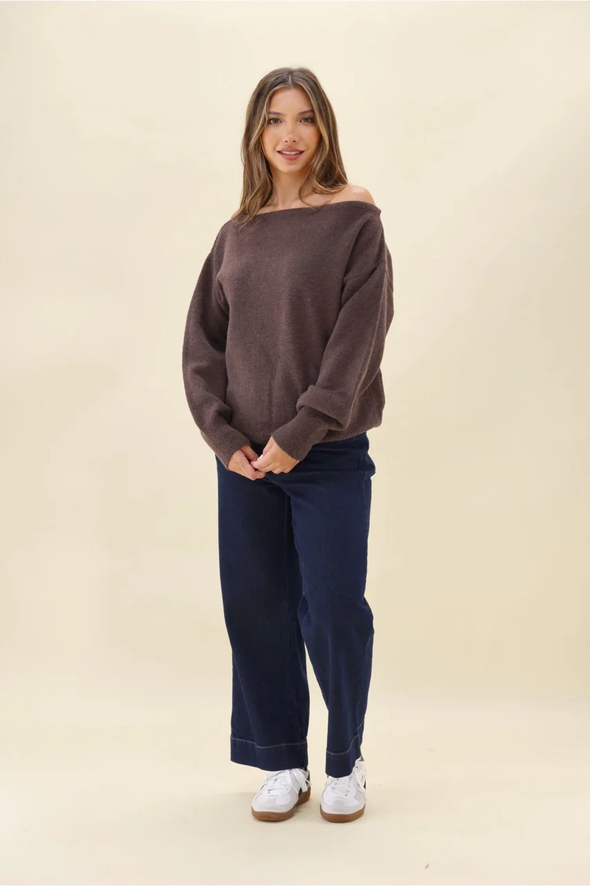 Ayva Marrelle Off The Shoulder Cosy Knit Jumper Chocolate - Image 6
