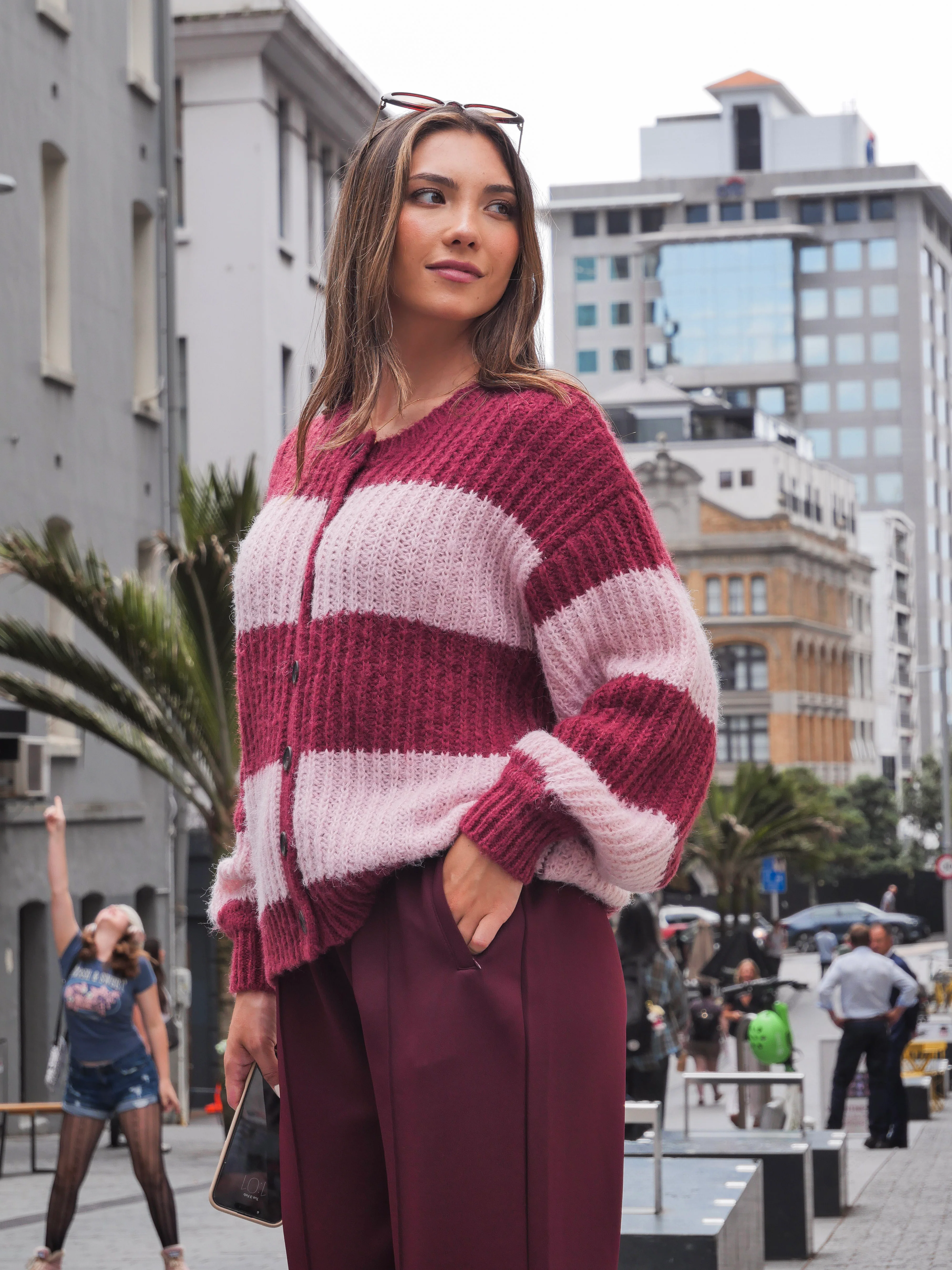 Ayva Triton Relaxed Knit Cardigan Berry Stripe