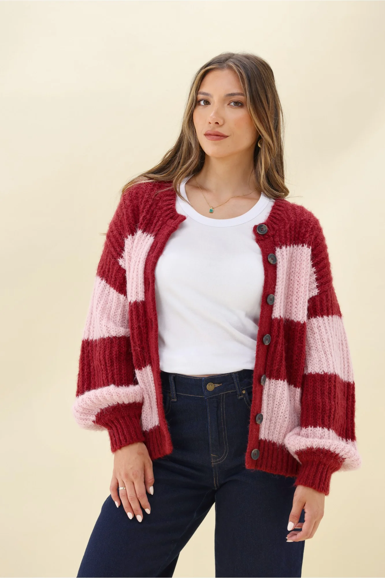 Ayva Triton Relaxed Knit Cardigan Berry Stripe - Image 5