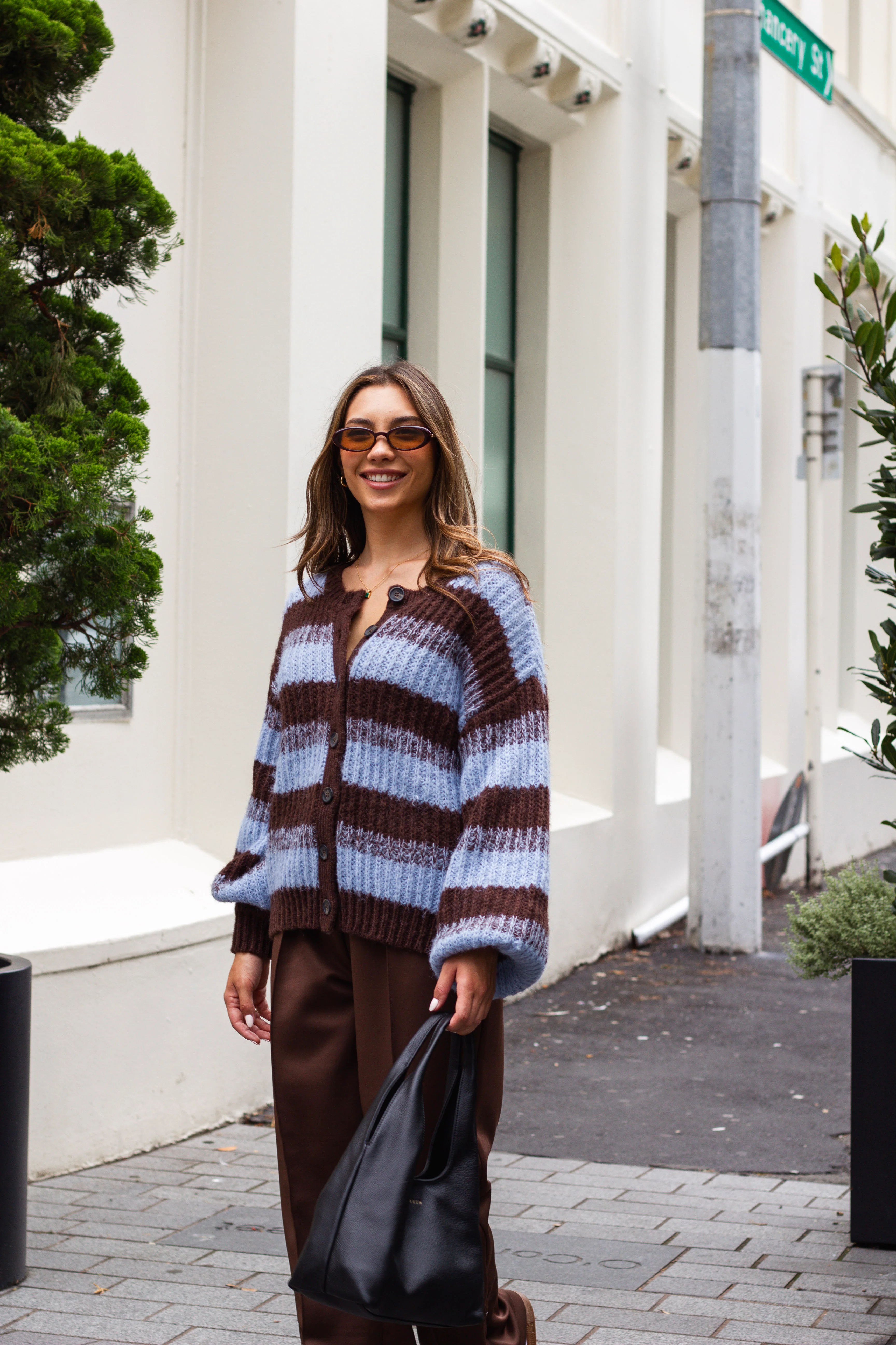Ayva Triton Relaxed Knit Cardigan Chocolate Blue Stripe - Image 6
