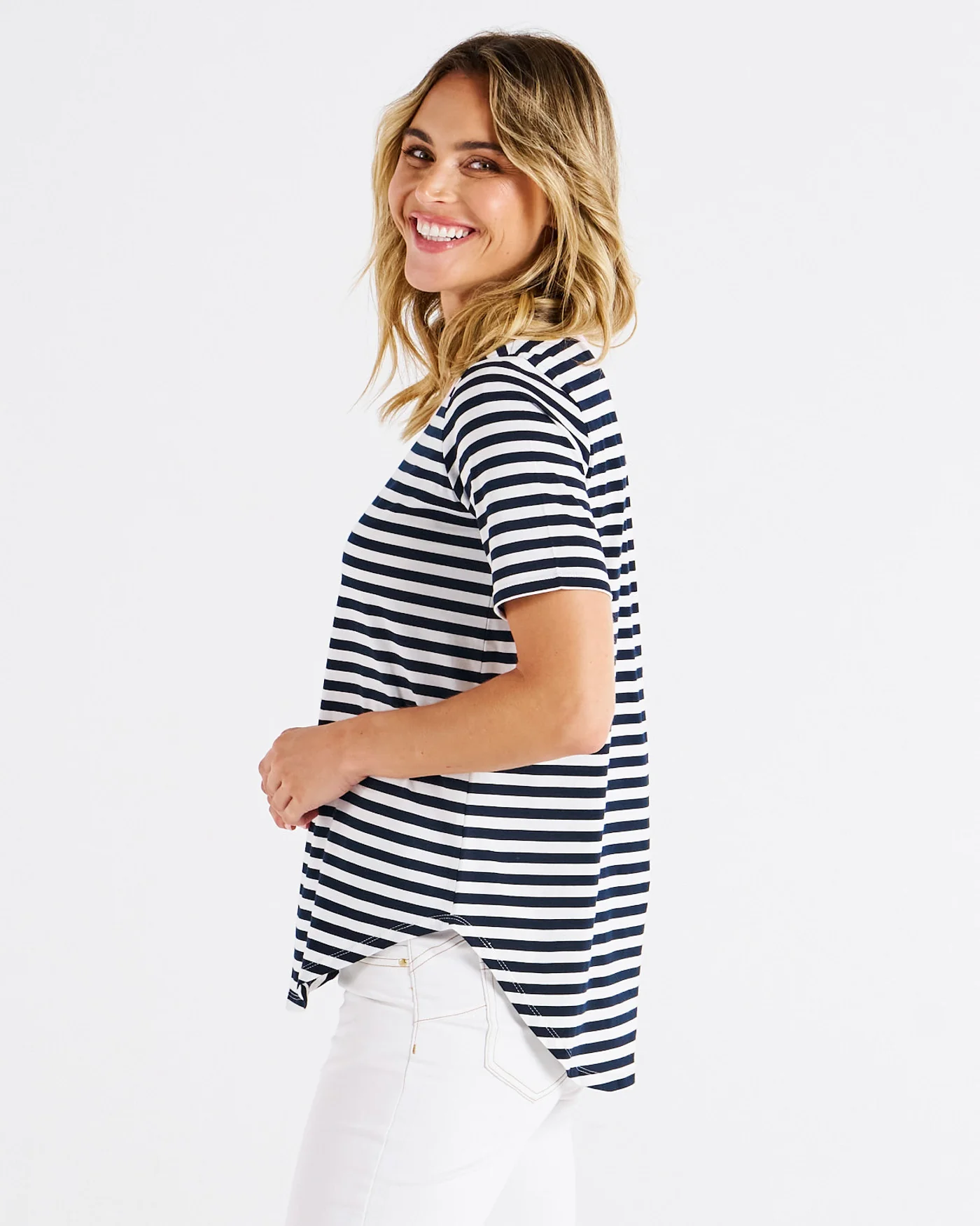 Betty Basics Ariana Tee Navy Stripe Pink - Image 3