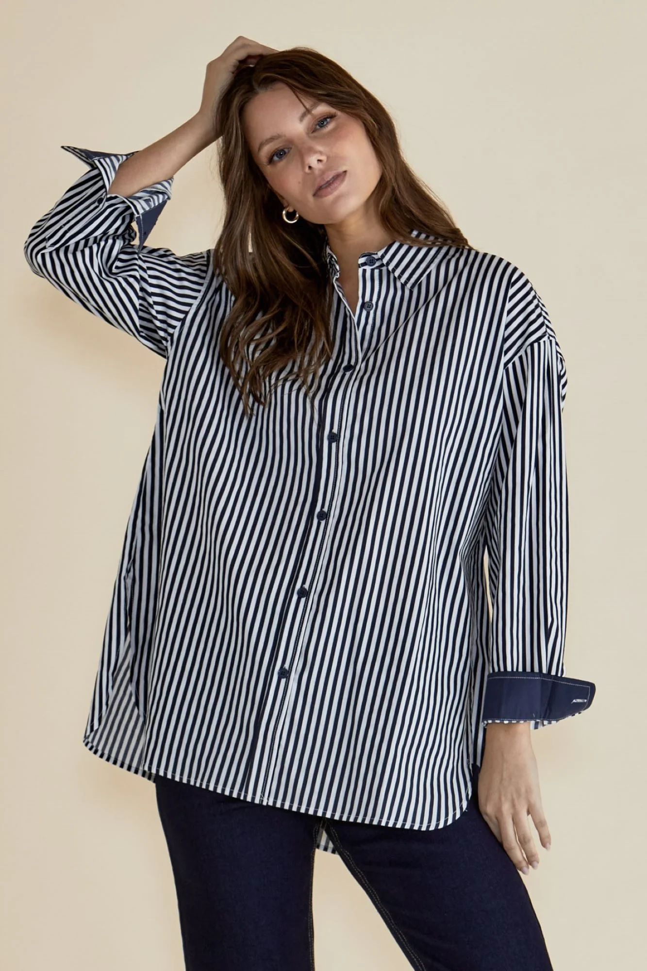 Betty Basics Claire Classic Shirt Navy Stripe - Image 2
