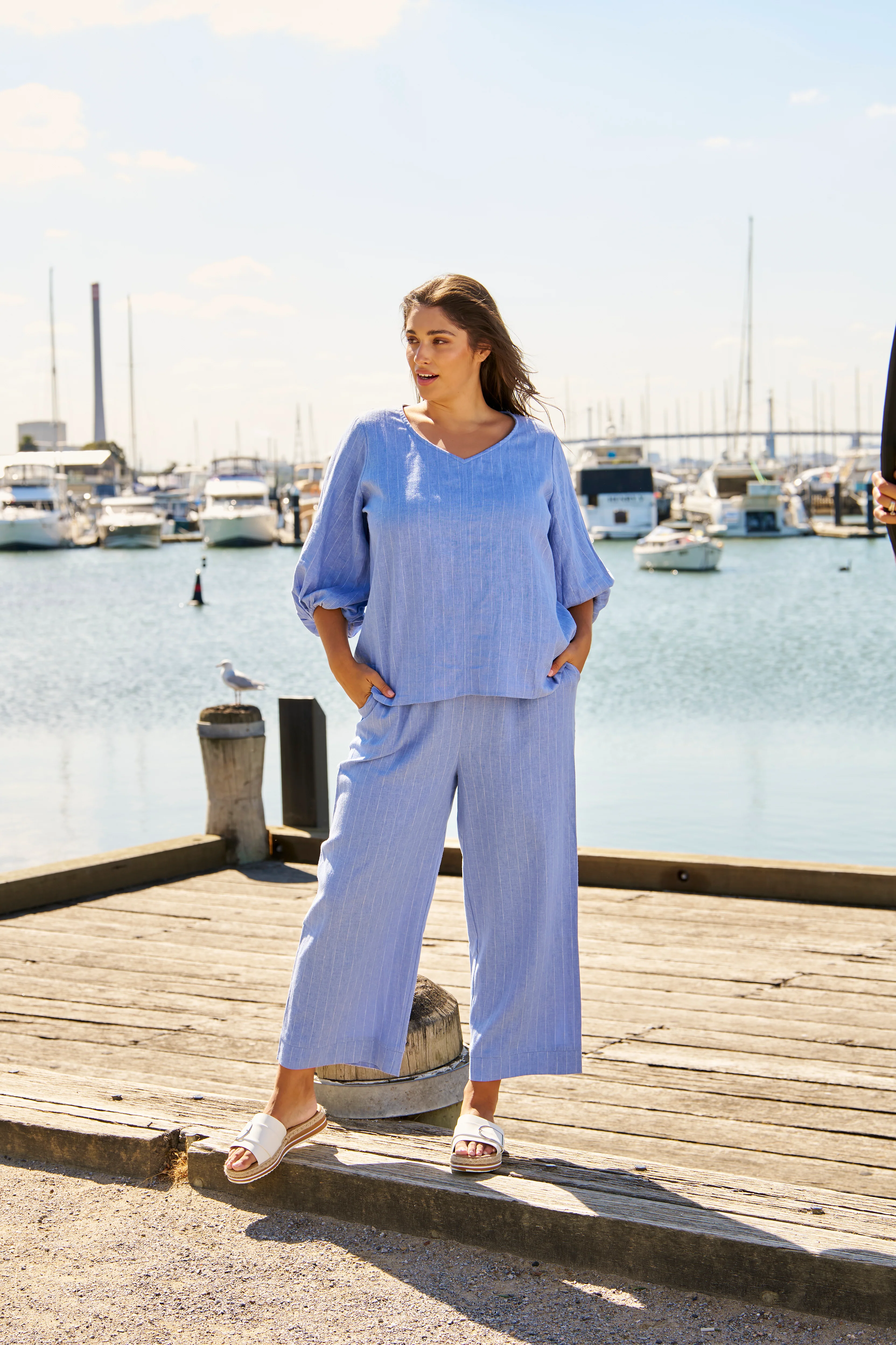 Betty Basics Elanora Linen Blouse Berry Blue Stripe