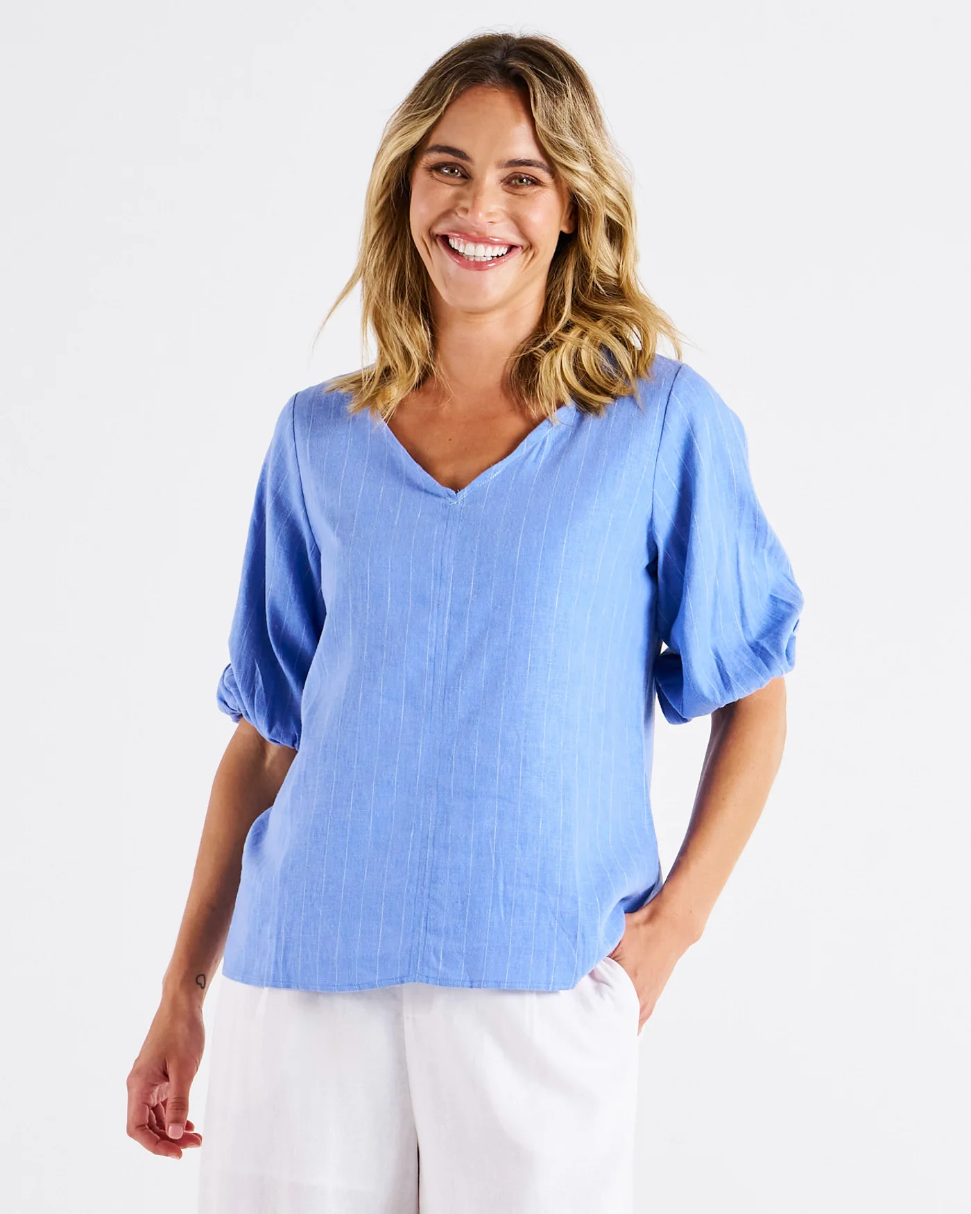 Betty Basics Elanora Linen Blouse Berry Blue Stripe - Image 4