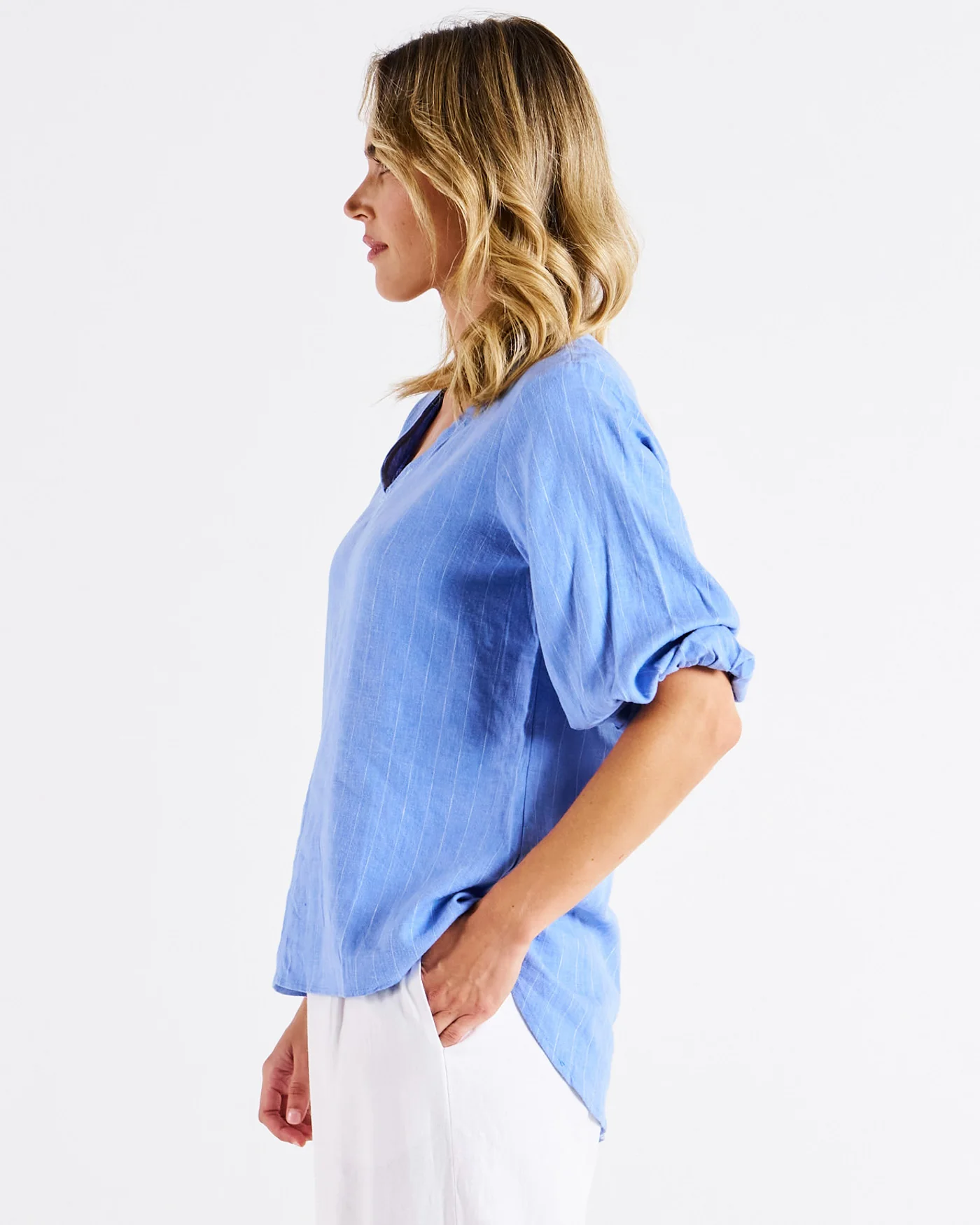 Betty Basics Elanora Linen Blouse Berry Blue Stripe - Image 5