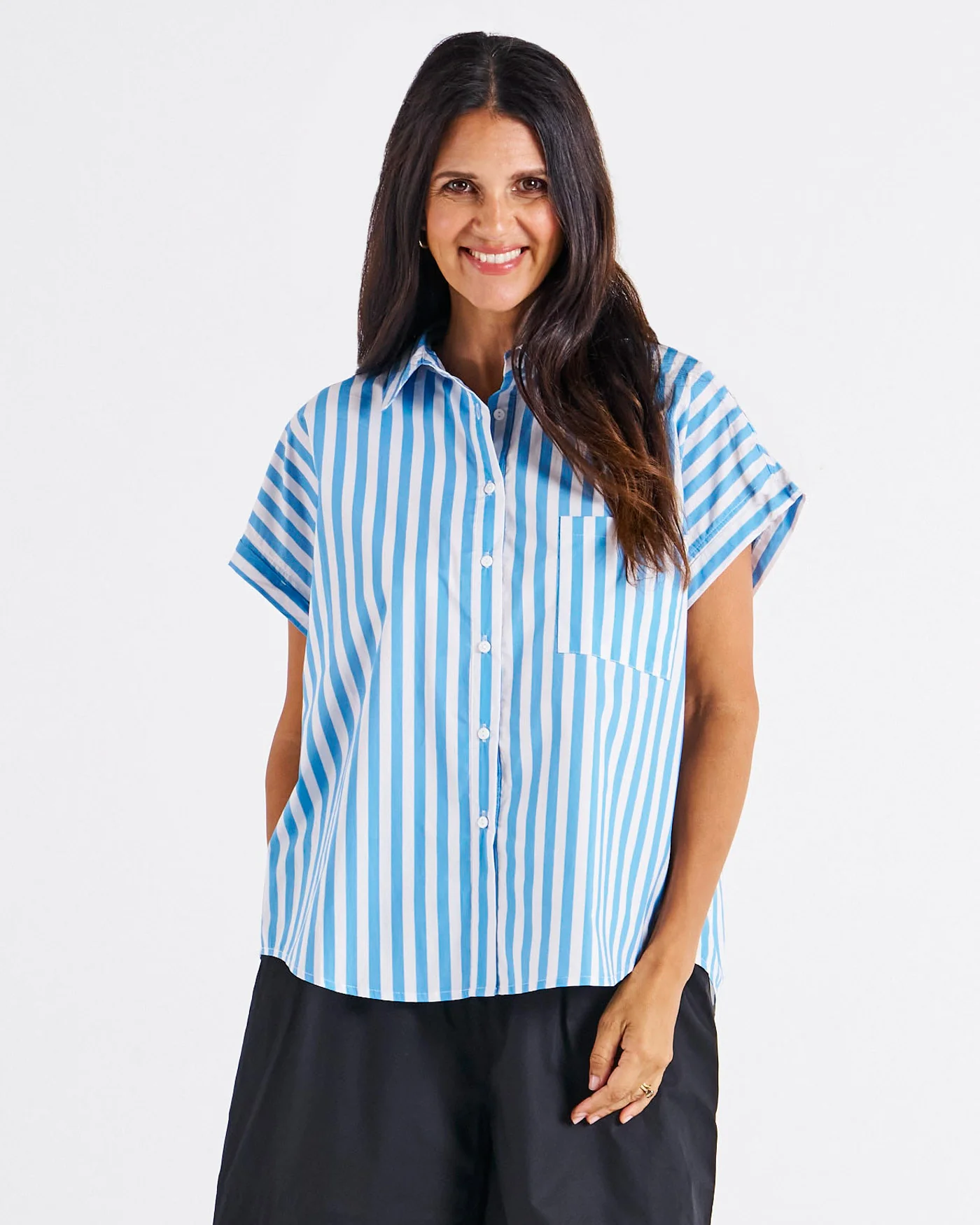 Betty Basics Mara Short Sleeve Shirt Blue Stripe - Image 2