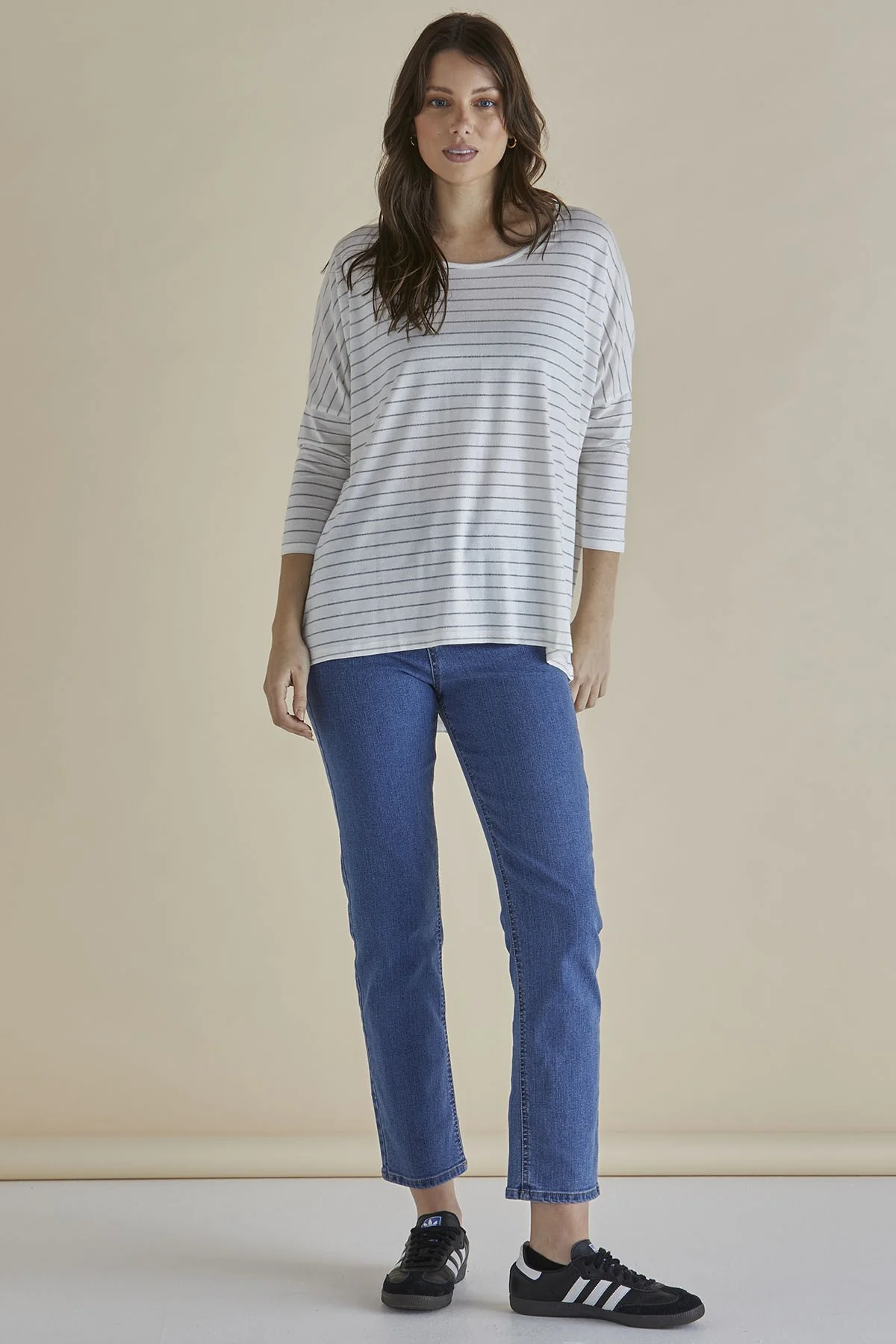 Betty Basics Milan 3/4 Sleeve Top White Lurex Stripe - Image 2