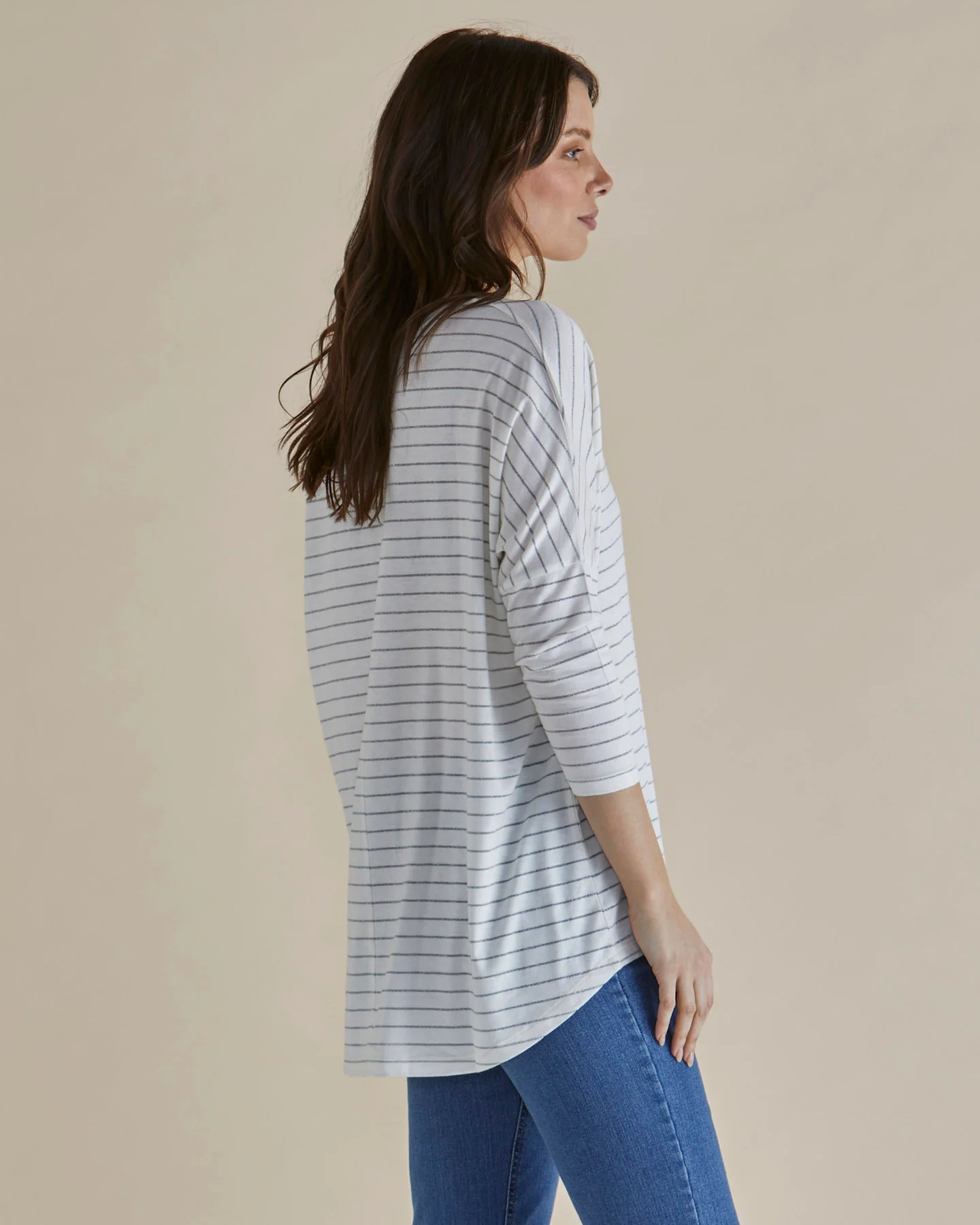 Betty Basics Milan 3/4 Sleeve Top White Lurex Stripe - Image 4