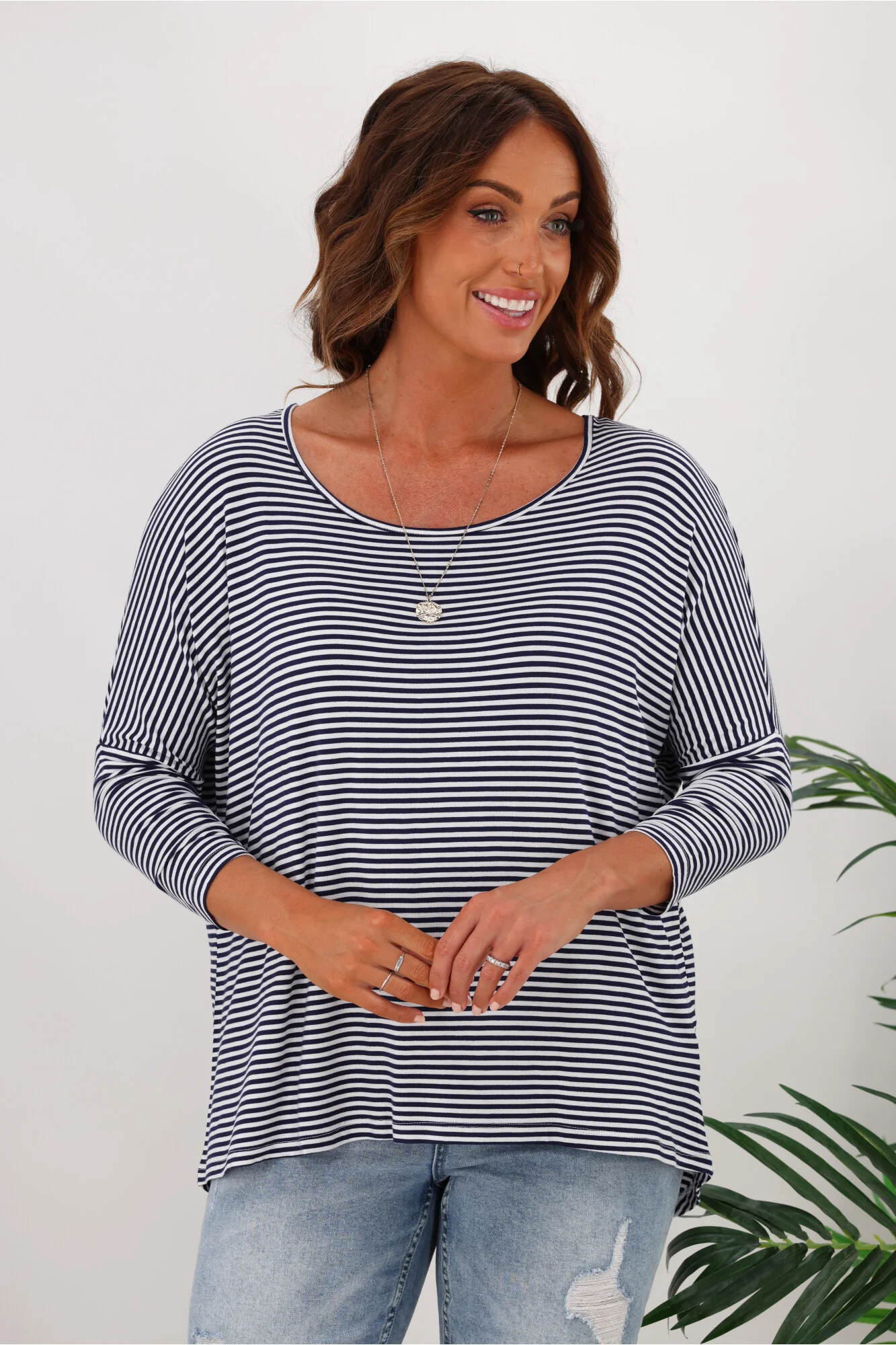 Betty Basics Milan 3/4 Sleeve Tee Navy/White Stripe - Image 3