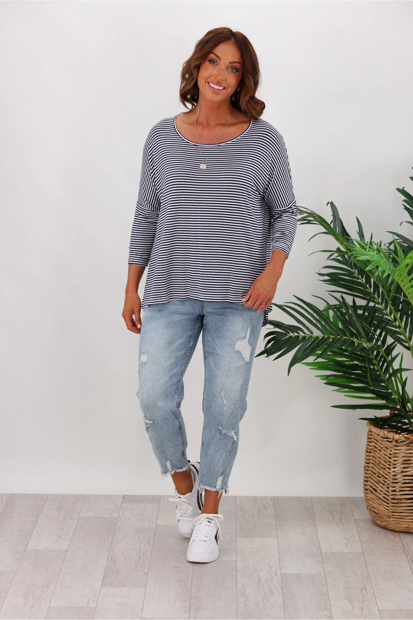 Betty Basics Milan 3/4 Sleeve Tee Navy/White Stripe - Image 4