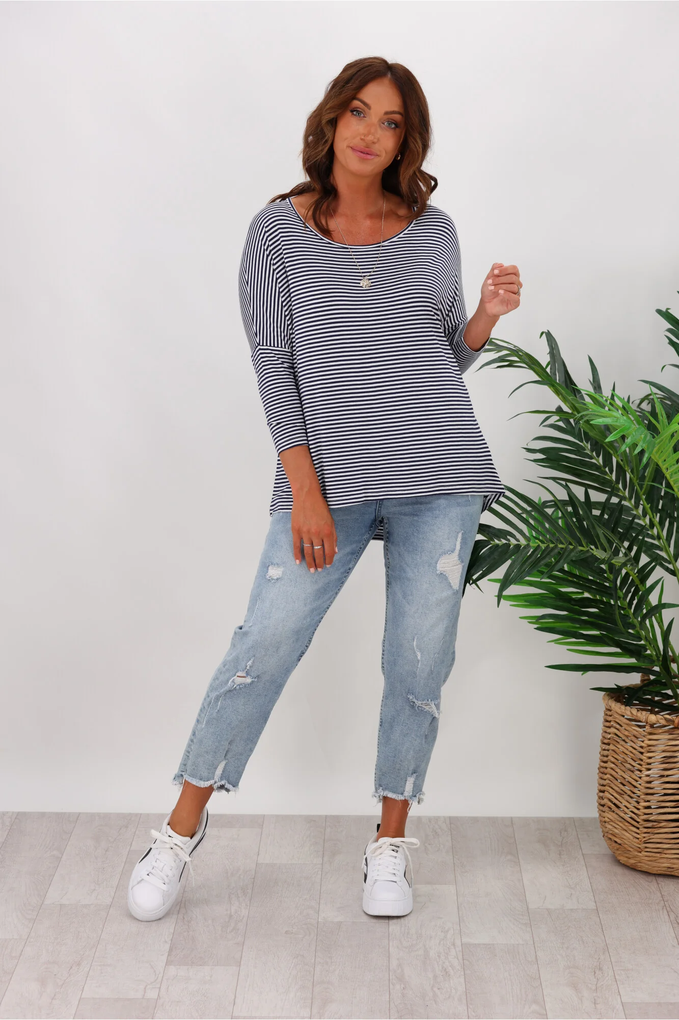 Betty Basics Milan 3/4 Sleeve Tee Navy/White Stripe - Image 5