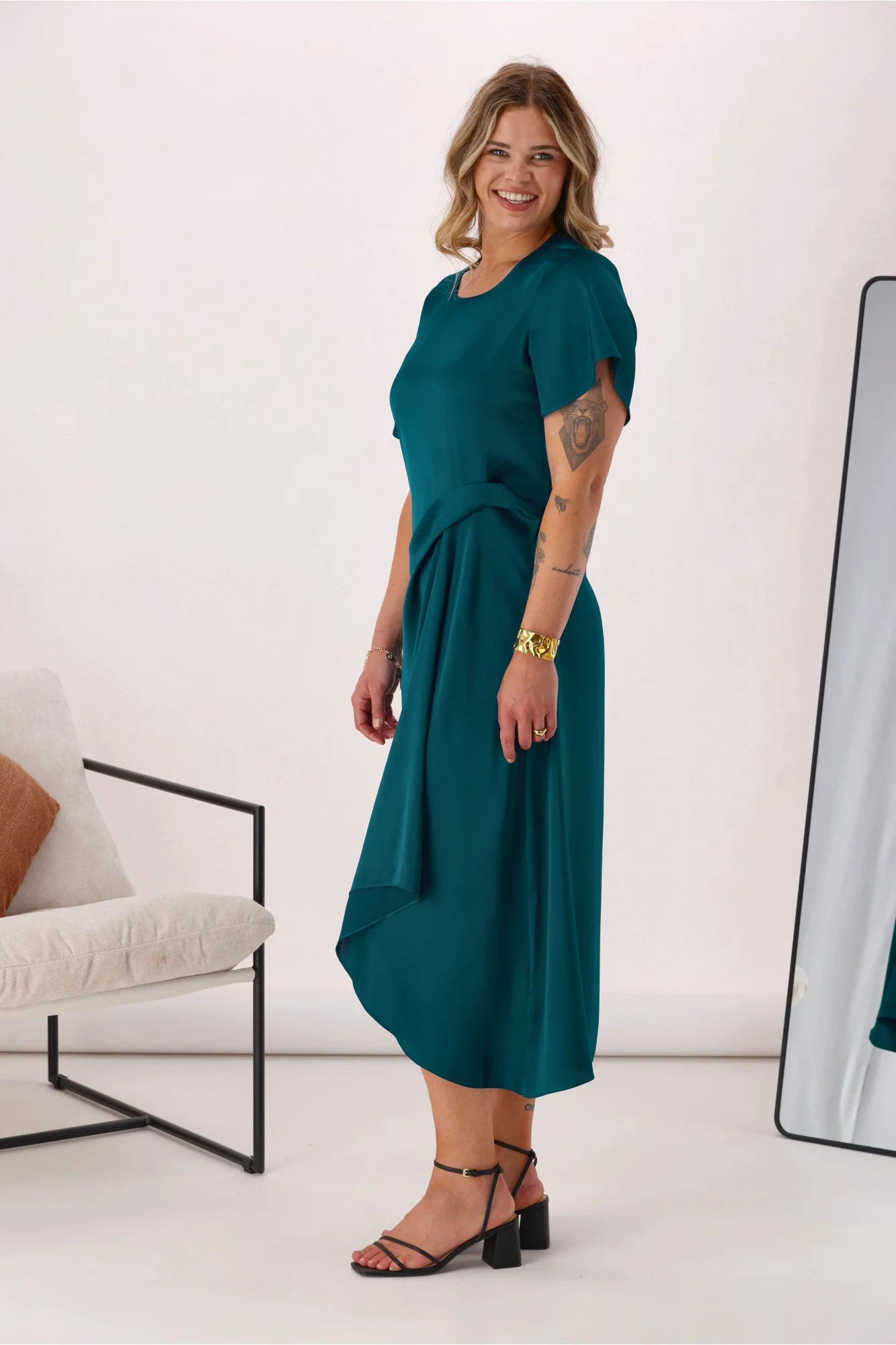 Celebration Amelia Satin Tuck Dress Teal - Image 5