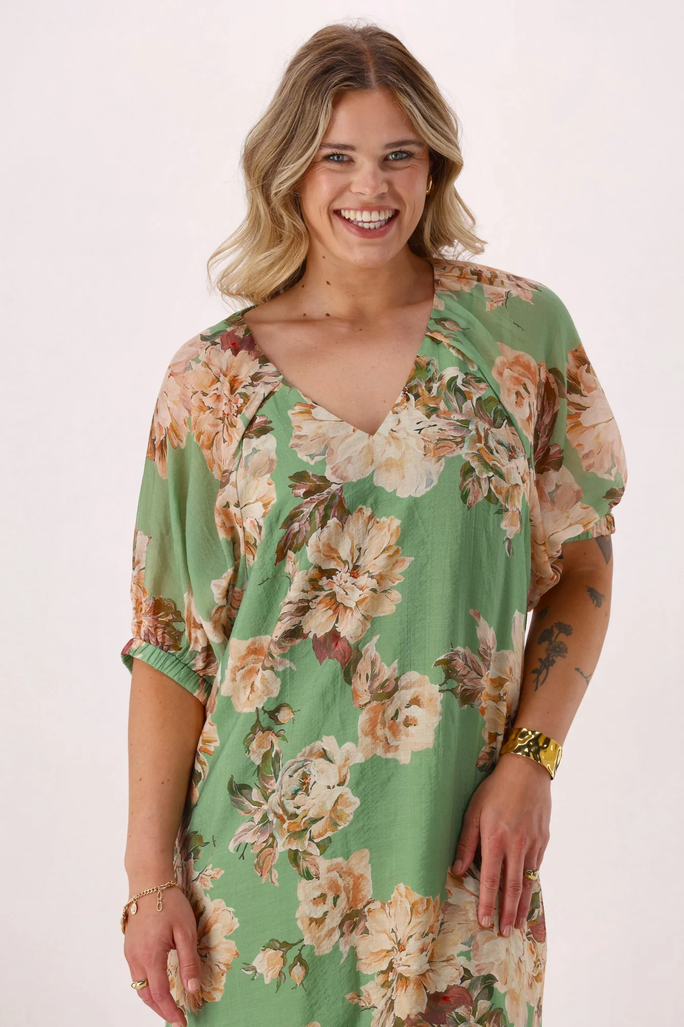 Celebration Betty Blouson Sleeve Dress Green Floral - Image 3
