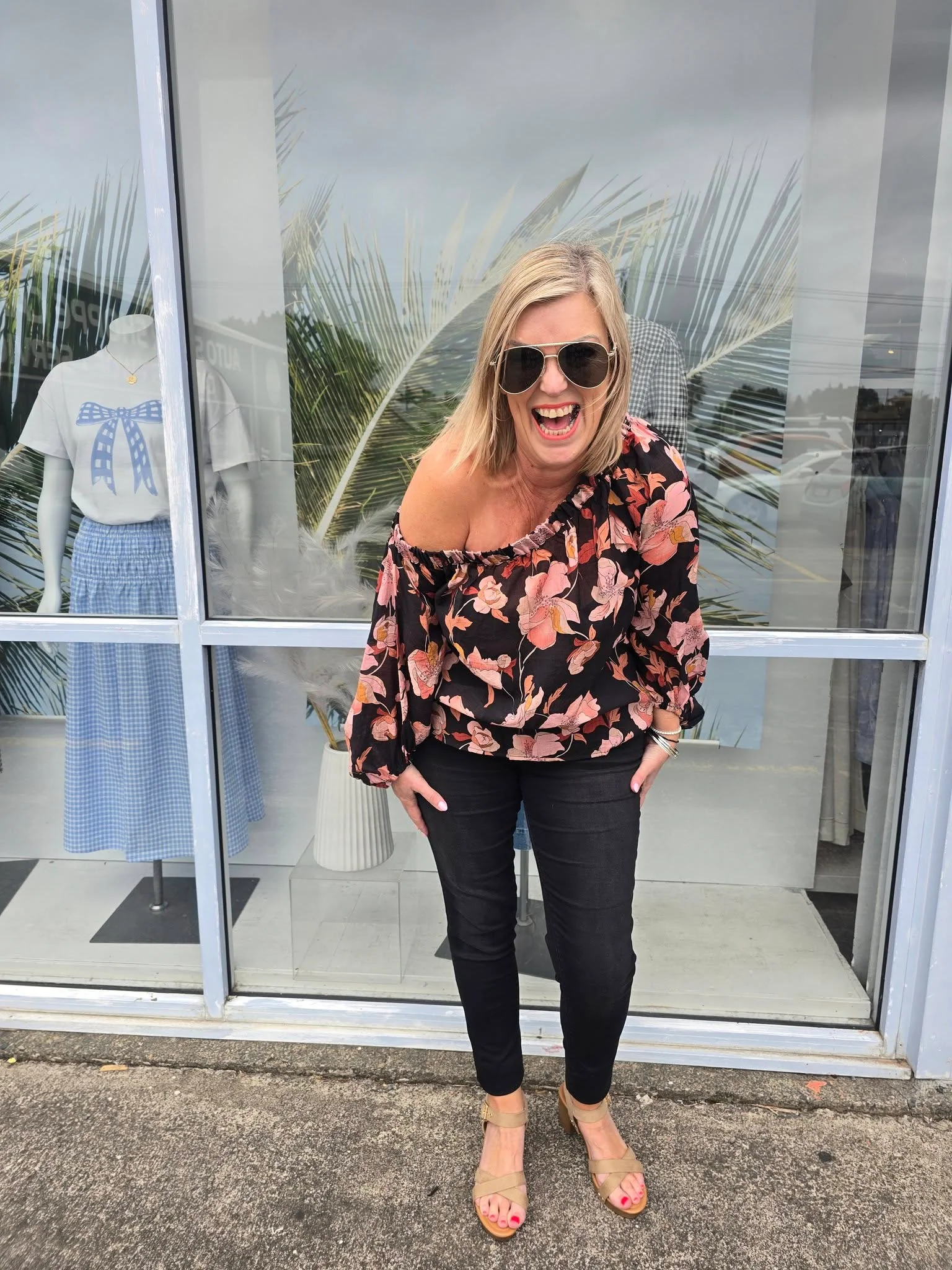 Celebration By Shine On Claudia off the Shoulder Top Black Floral - Image 2