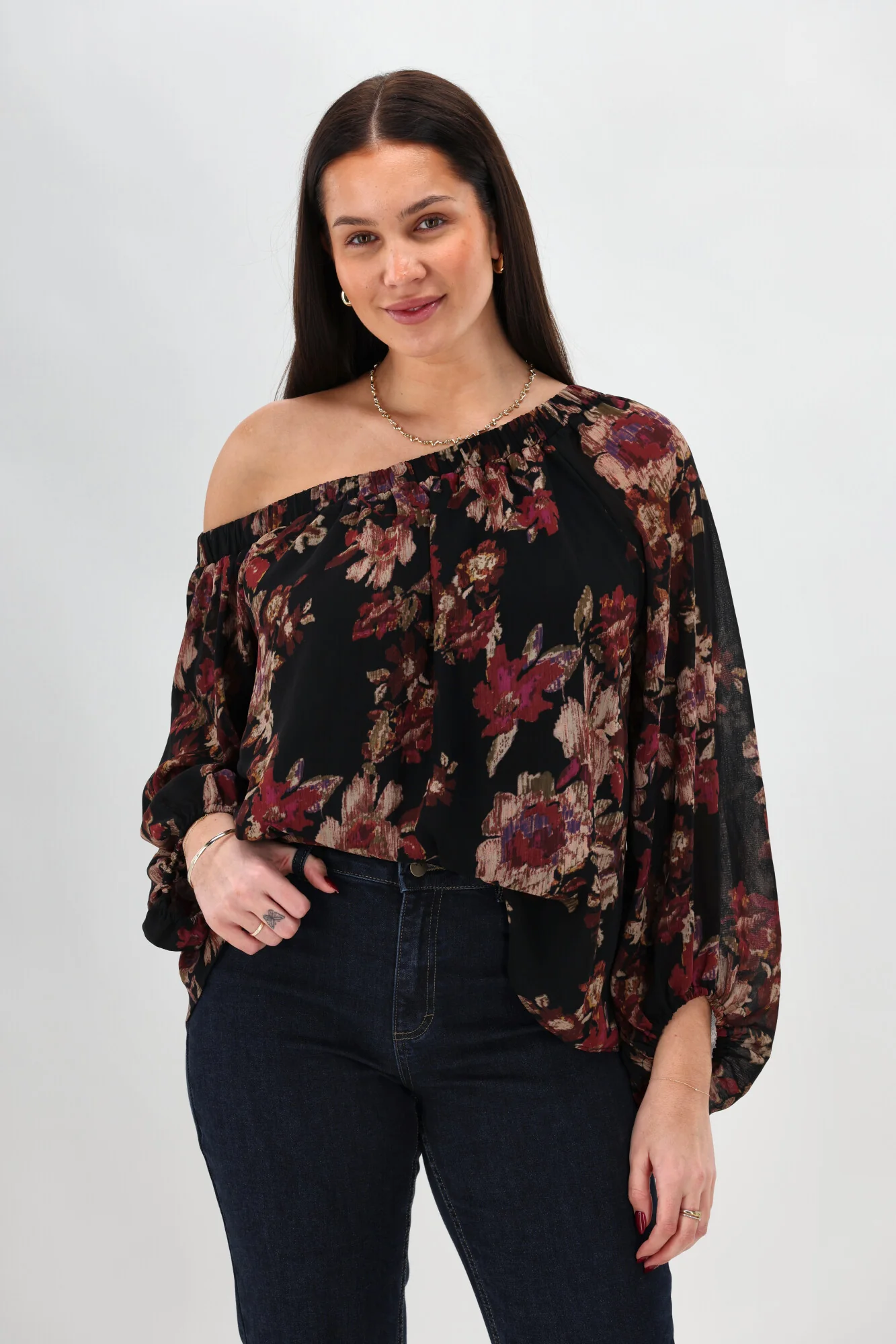 Celebration By Shine On Giselle Off the Shoulder Top Floral Black - Image 7