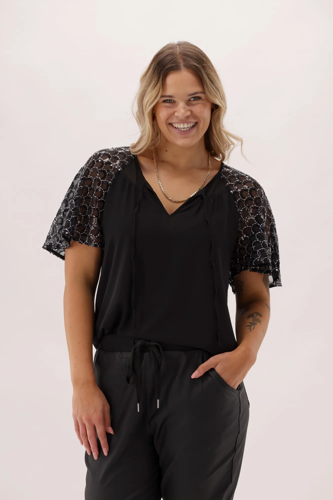 Celebration Perry Sequin Flutter Sleeve Top Black
