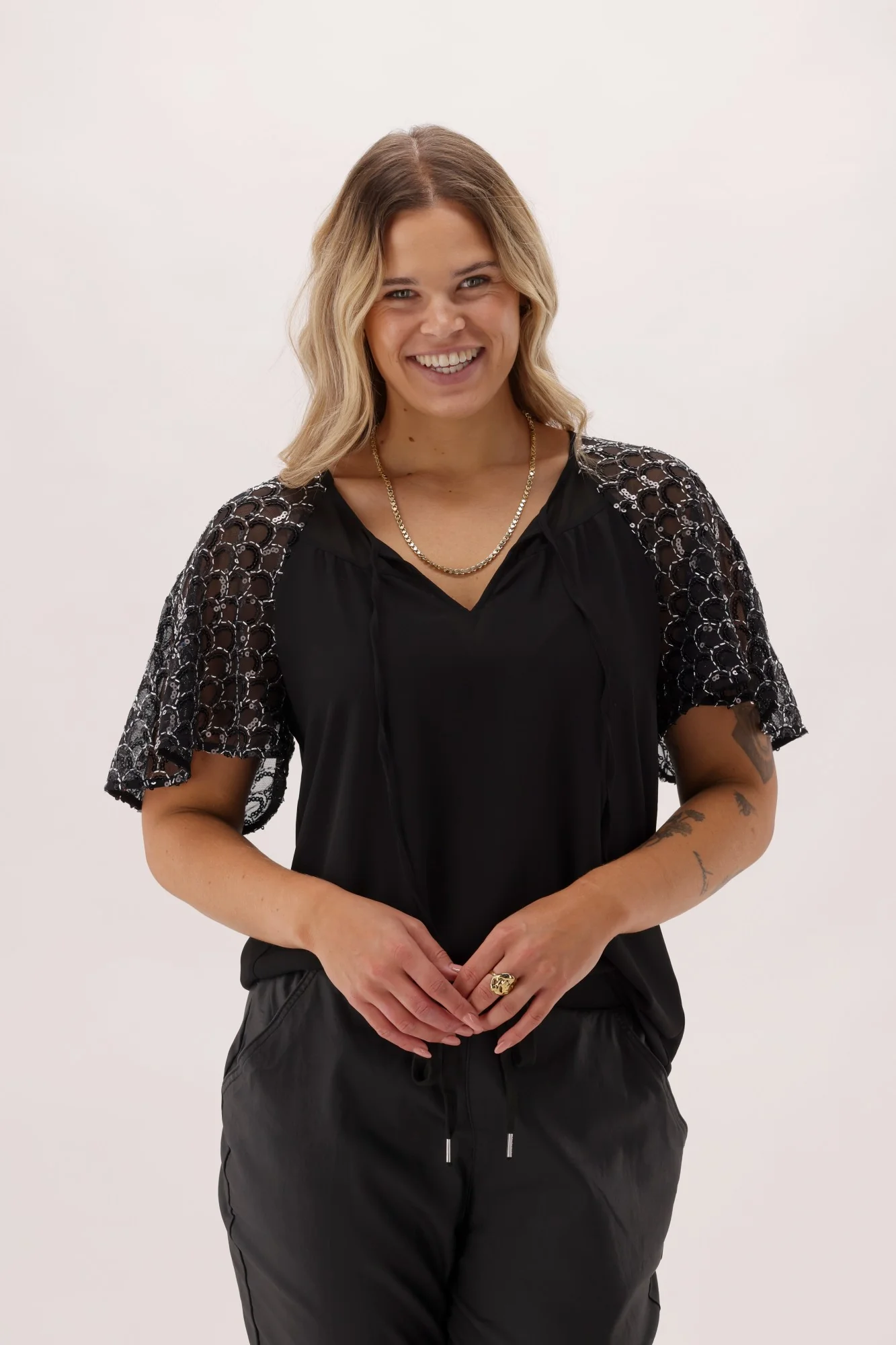 Celebration Perry Sequin Flutter Sleeve Top Black - Image 3