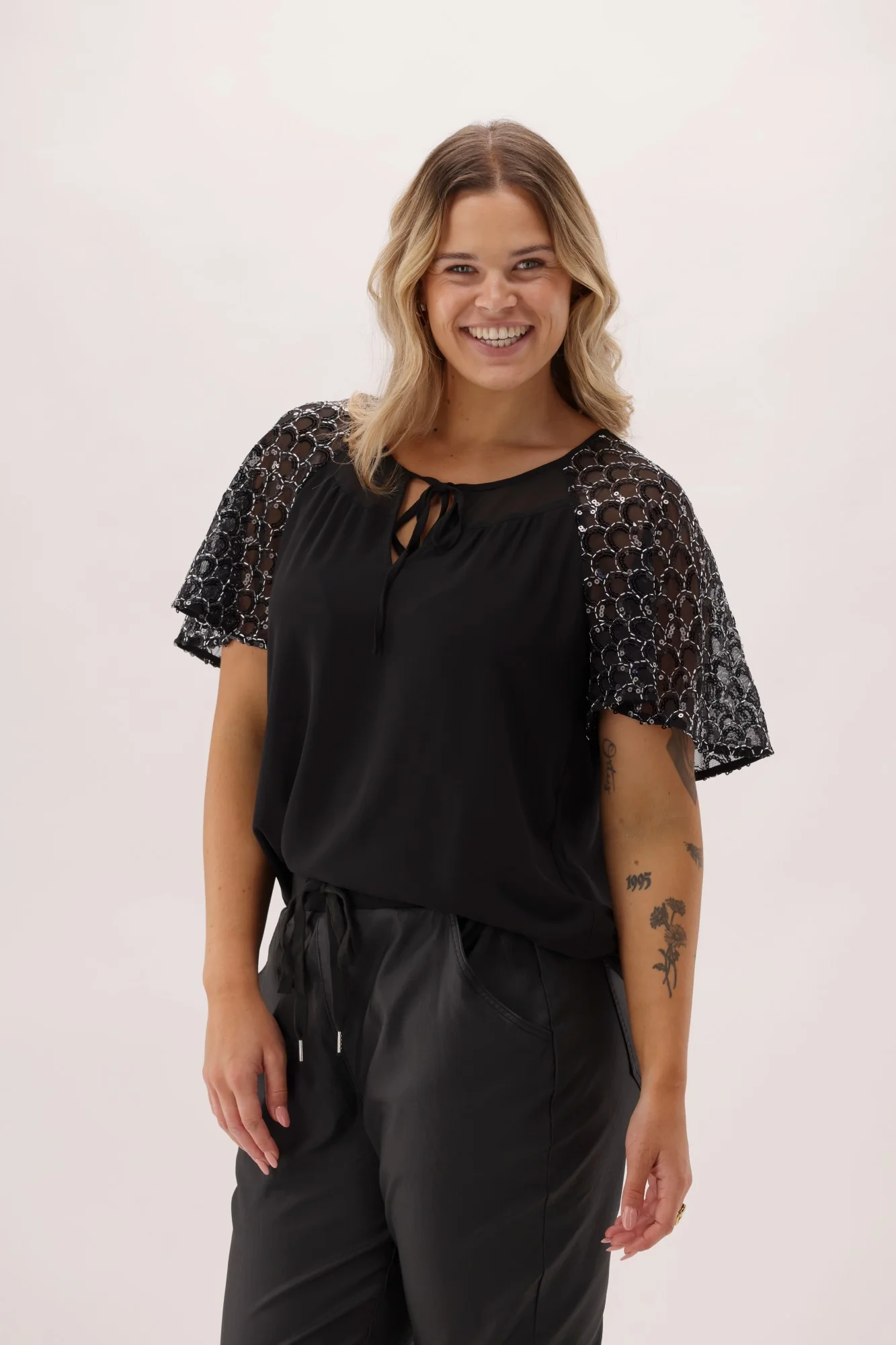 Celebration Perry Sequin Flutter Sleeve Top Black - Image 4