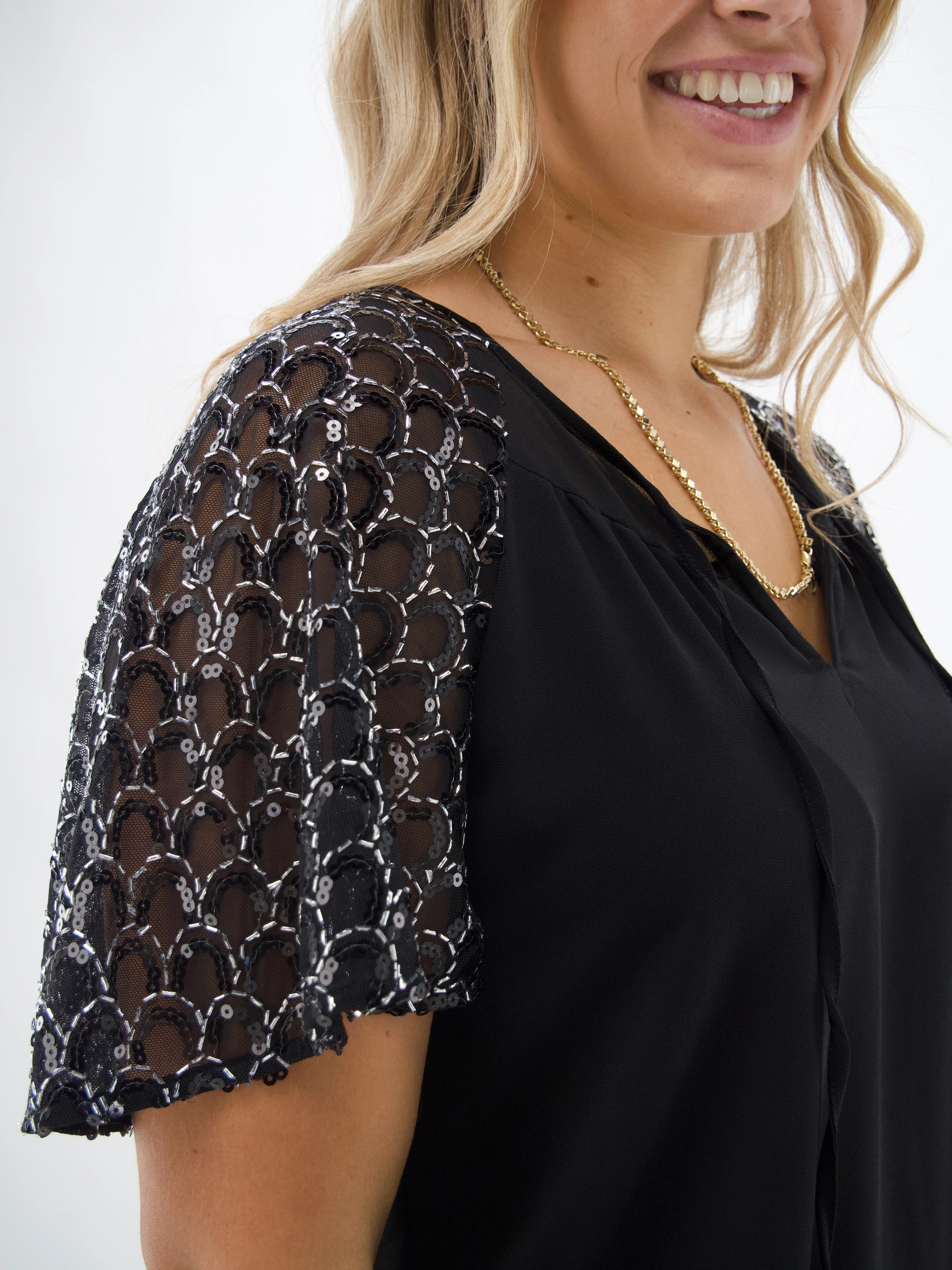 Celebration Perry Sequin Flutter Sleeve Top Black - Image 5