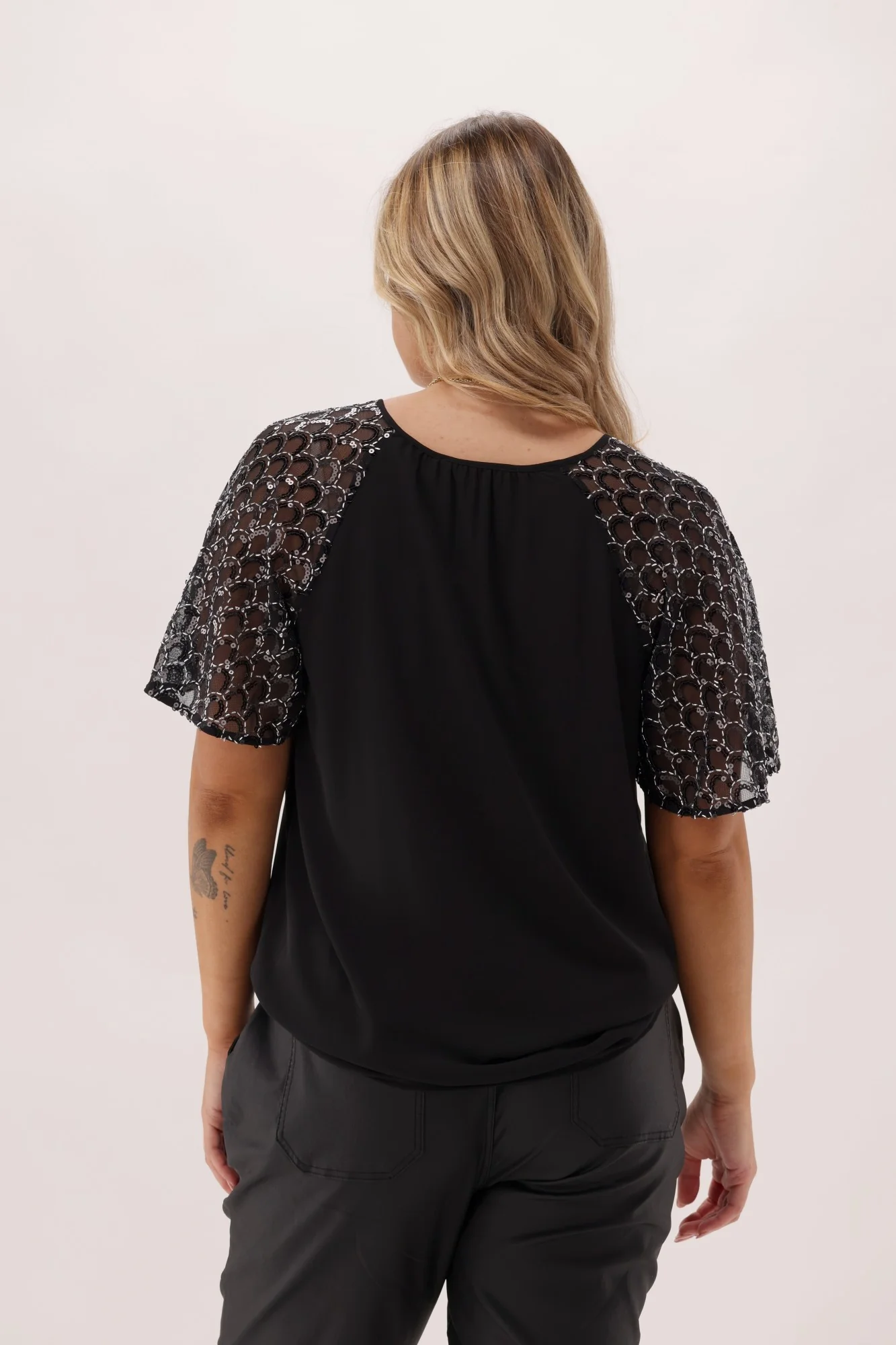 Celebration Perry Sequin Flutter Sleeve Top Black - Image 6