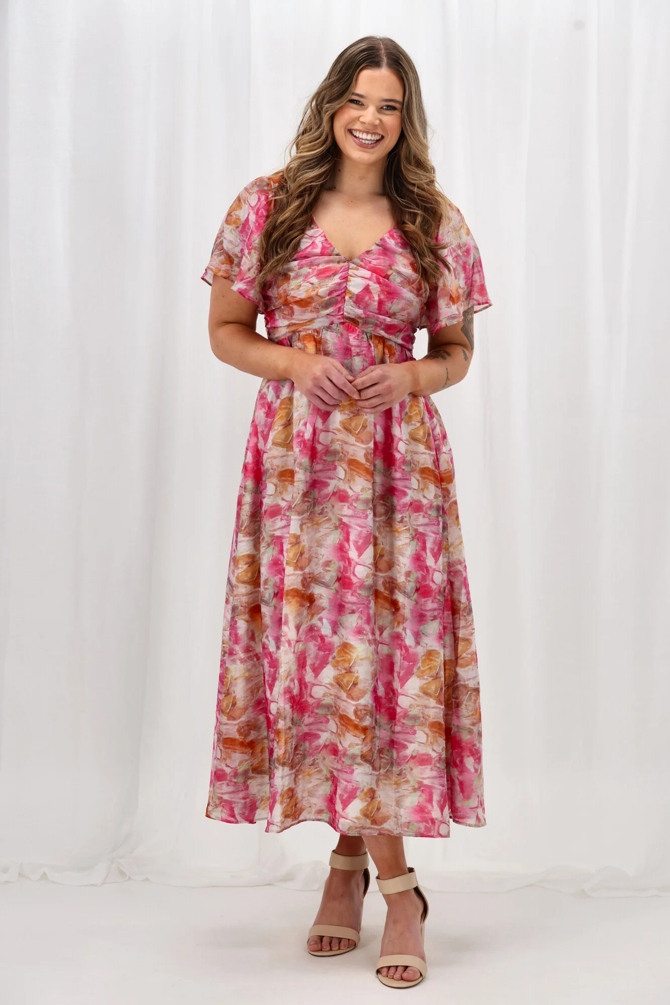 Celebration Tenor Maxi Flutter Sleeve Dress Watercolour Print Pink Orange - Image 2