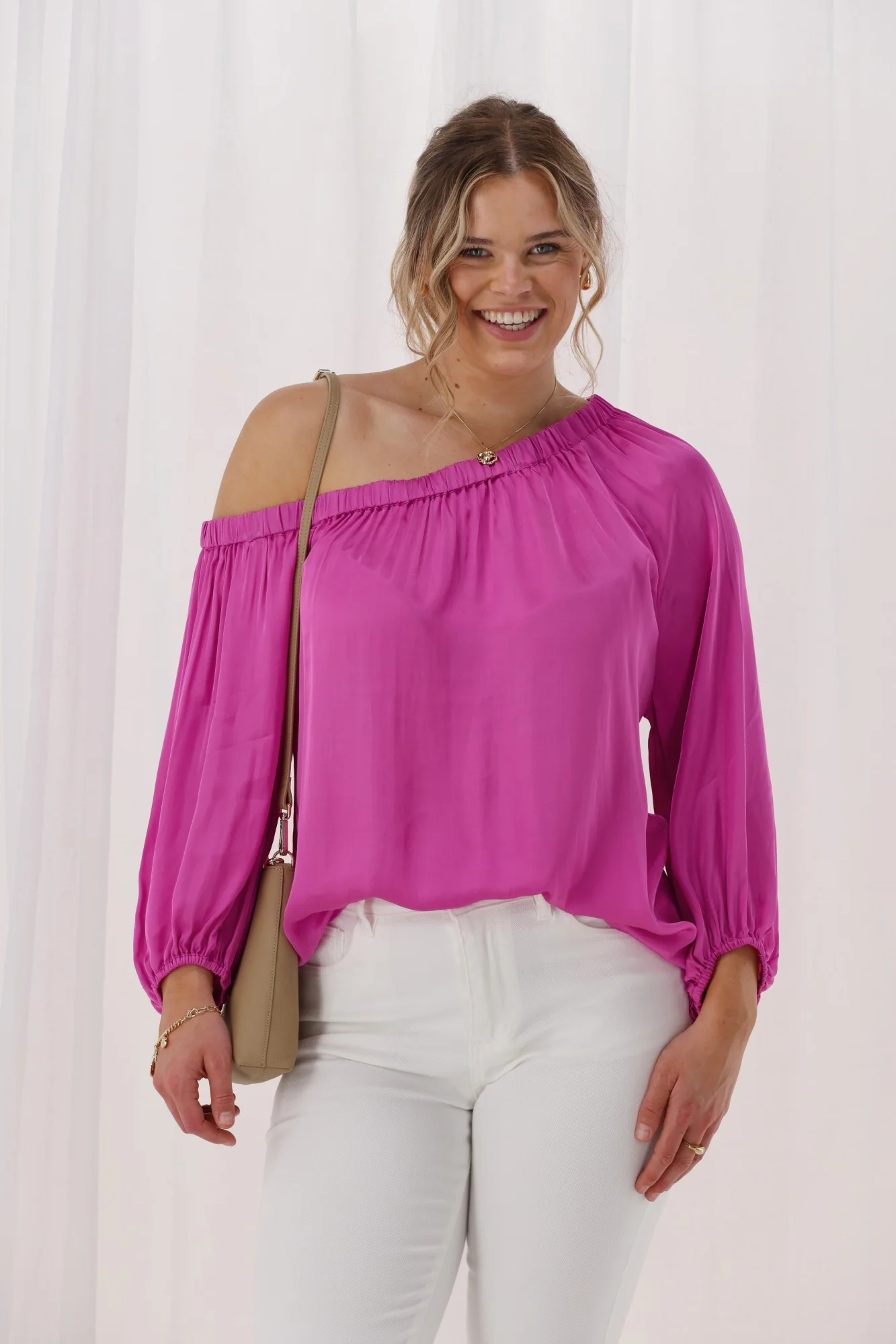 Celebrations By Shine On Amerie Off The Shoulder Top Satin Fuchsia