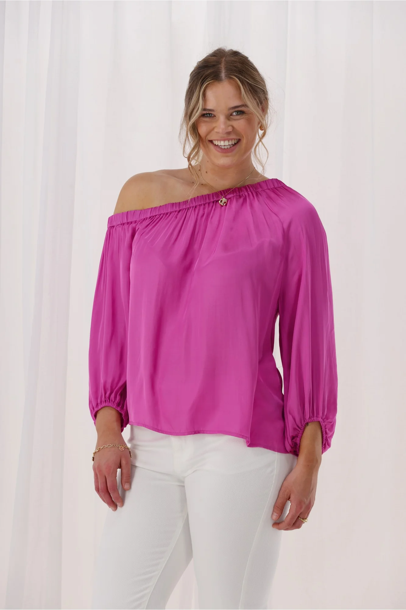 Celebrations By Shine On Amerie Off The Shoulder Top Satin Fuchsia - Image 2