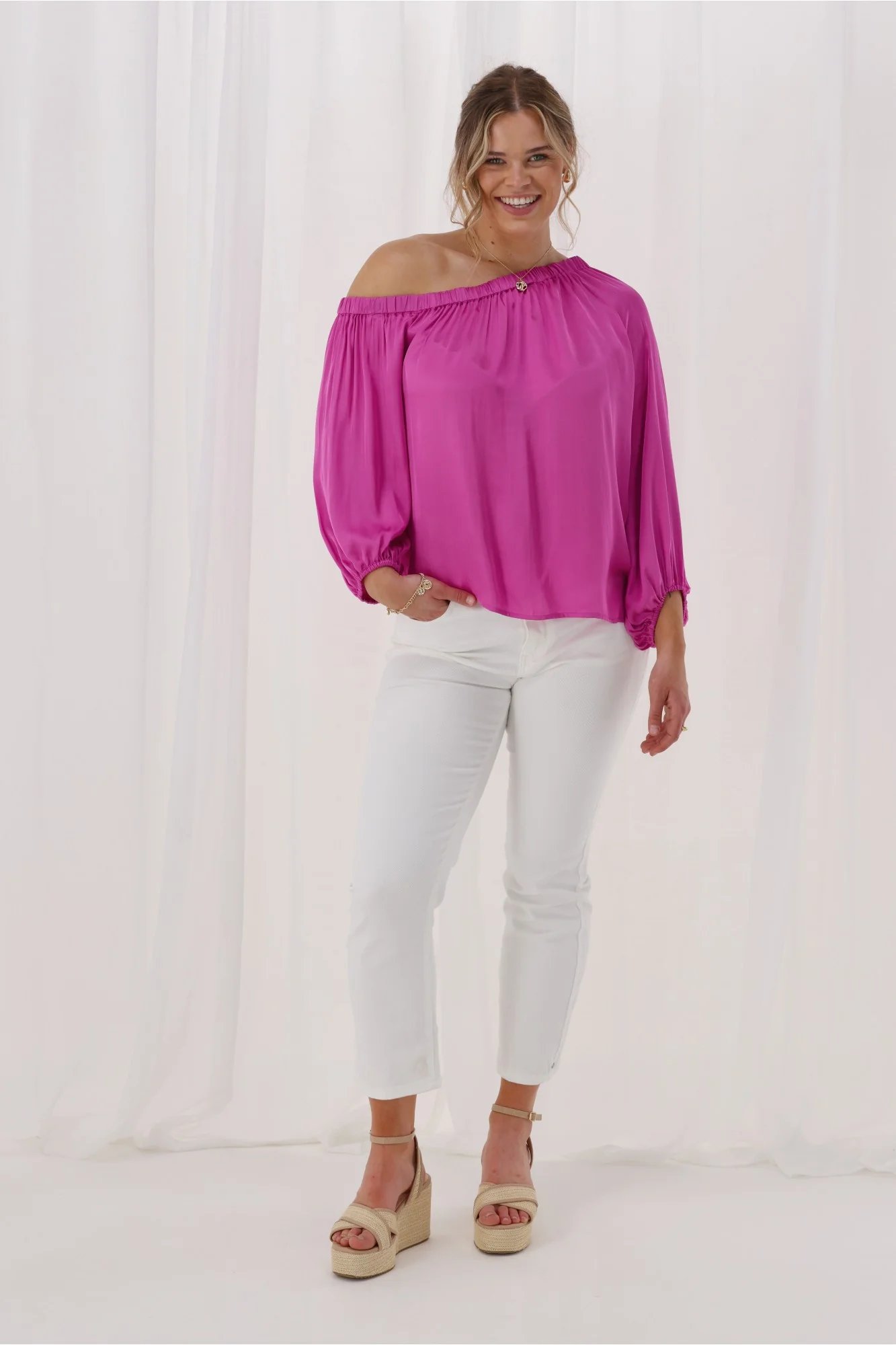 Celebrations By Shine On Amerie Off The Shoulder Top Satin Fuchsia - Image 3