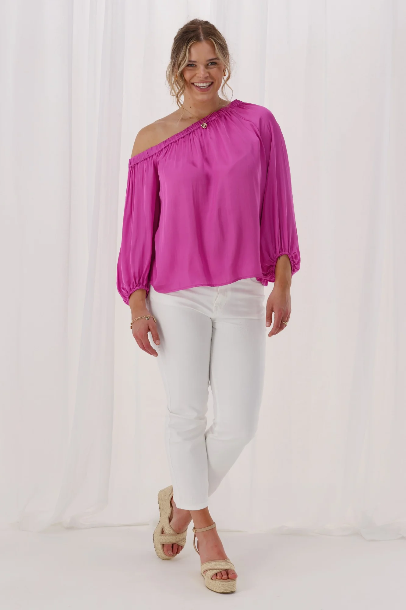 Celebrations By Shine On Amerie Off The Shoulder Top Satin Fuchsia - Image 4