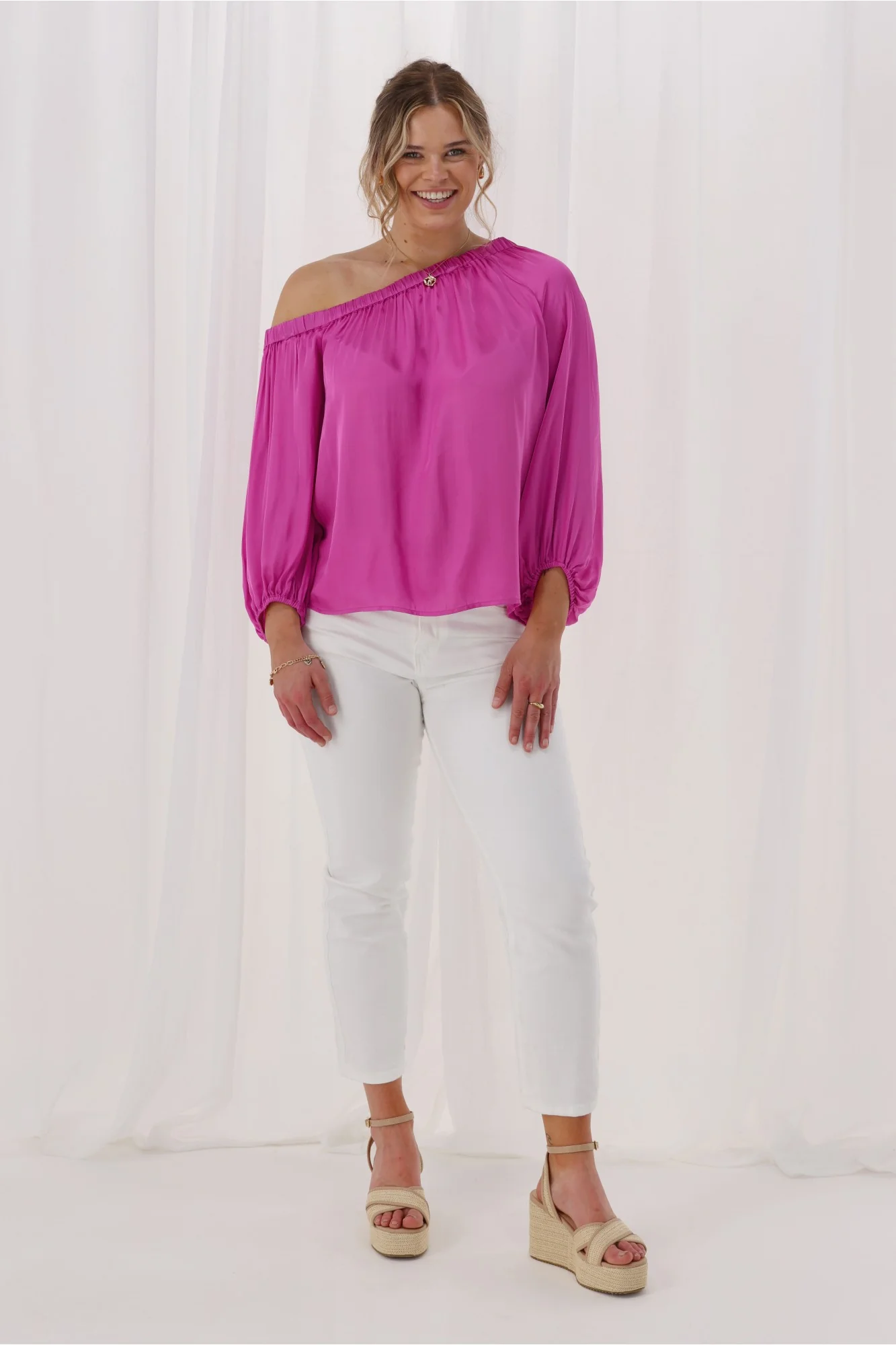 Celebrations By Shine On Amerie Off The Shoulder Top Satin Fuchsia - Image 5