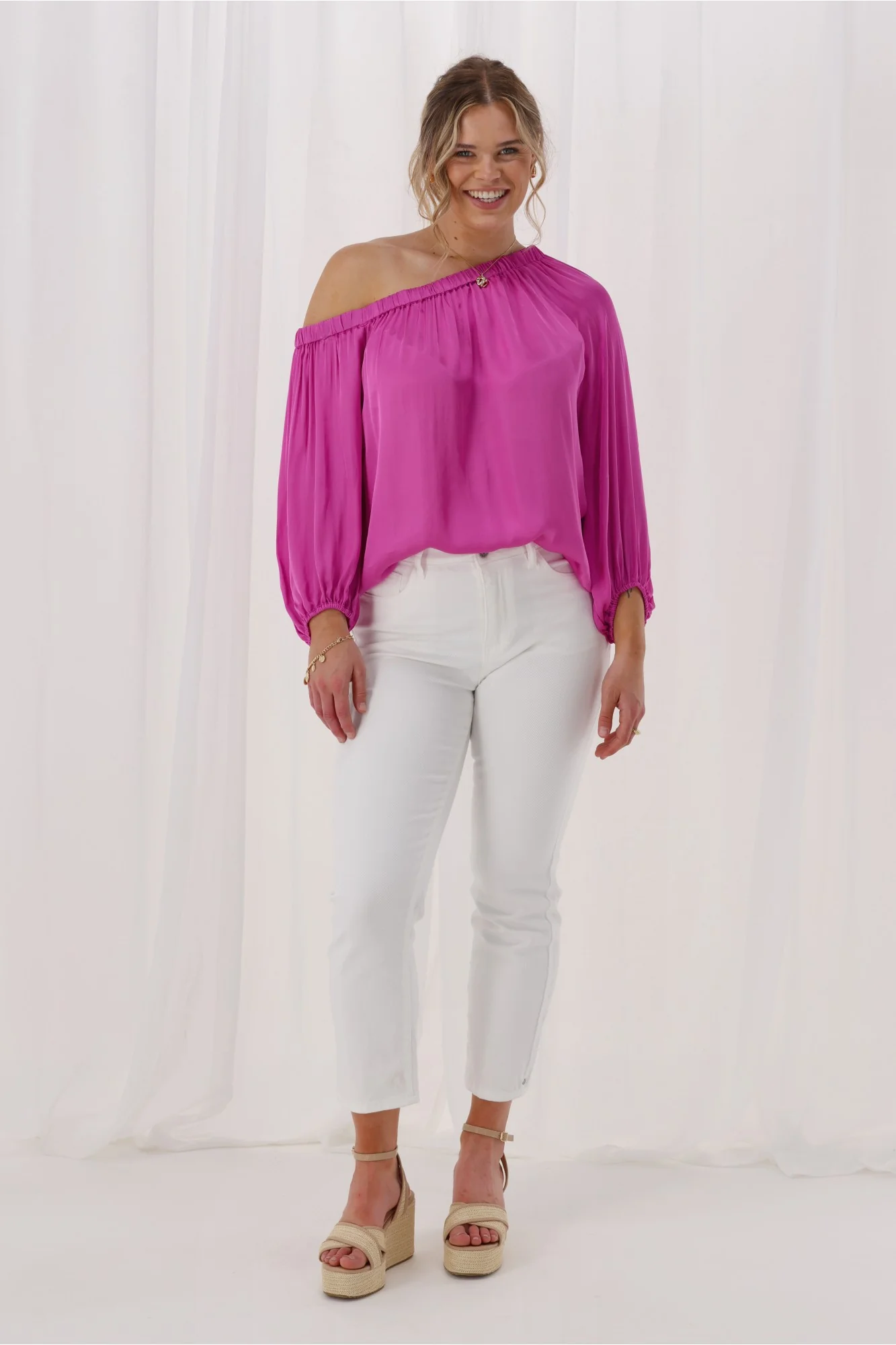 Celebrations By Shine On Amerie Off The Shoulder Top Satin Fuchsia - Image 6