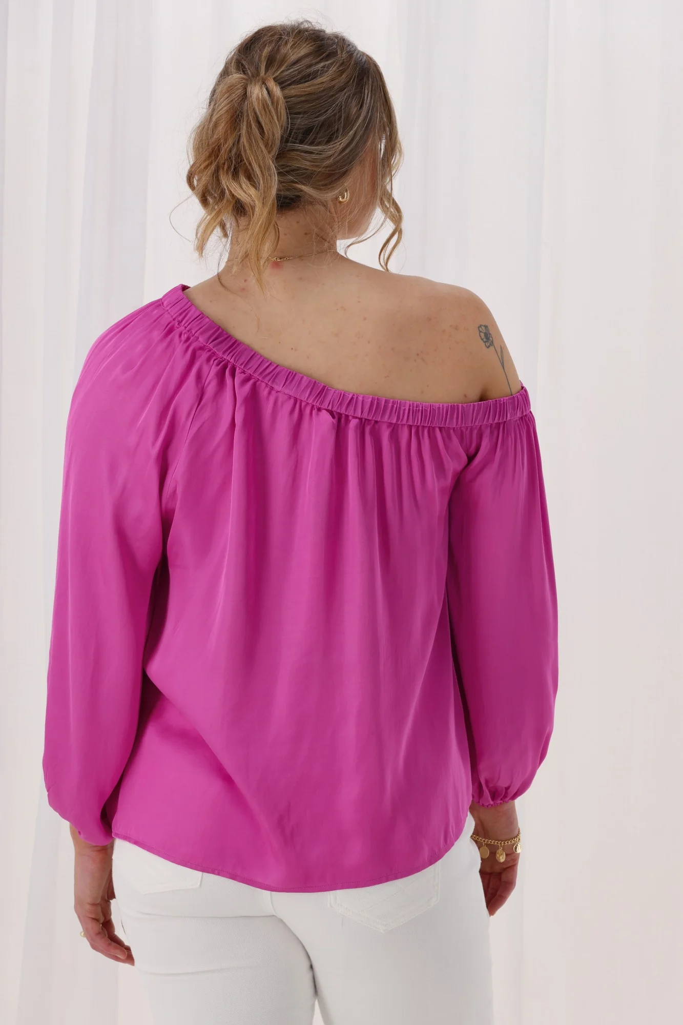Celebrations By Shine On Amerie Off The Shoulder Top Satin Fuchsia - Image 7